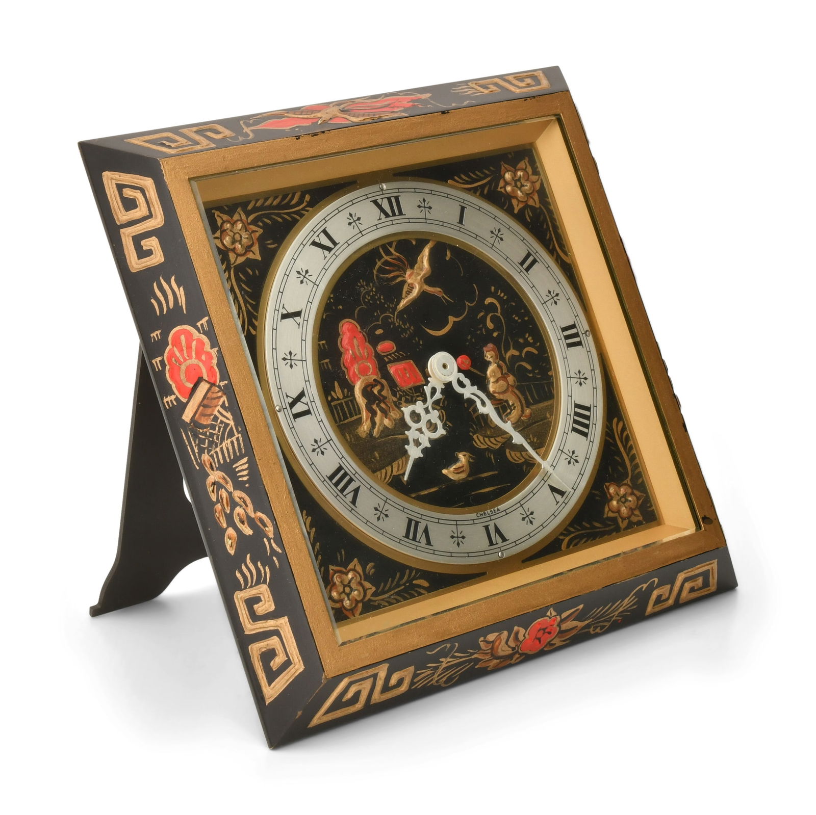 Chelsea Clock Co. "Chinese Lacquer" Bronze Desk Clock: Chelsea Clock Co. "Chinese Lacquer" Bronze Desk Clockcirca 1980'sbronze frame withe painted Chinese patterns, 8-day time only spring driven movement with platform escapement, signed on the dial and mo