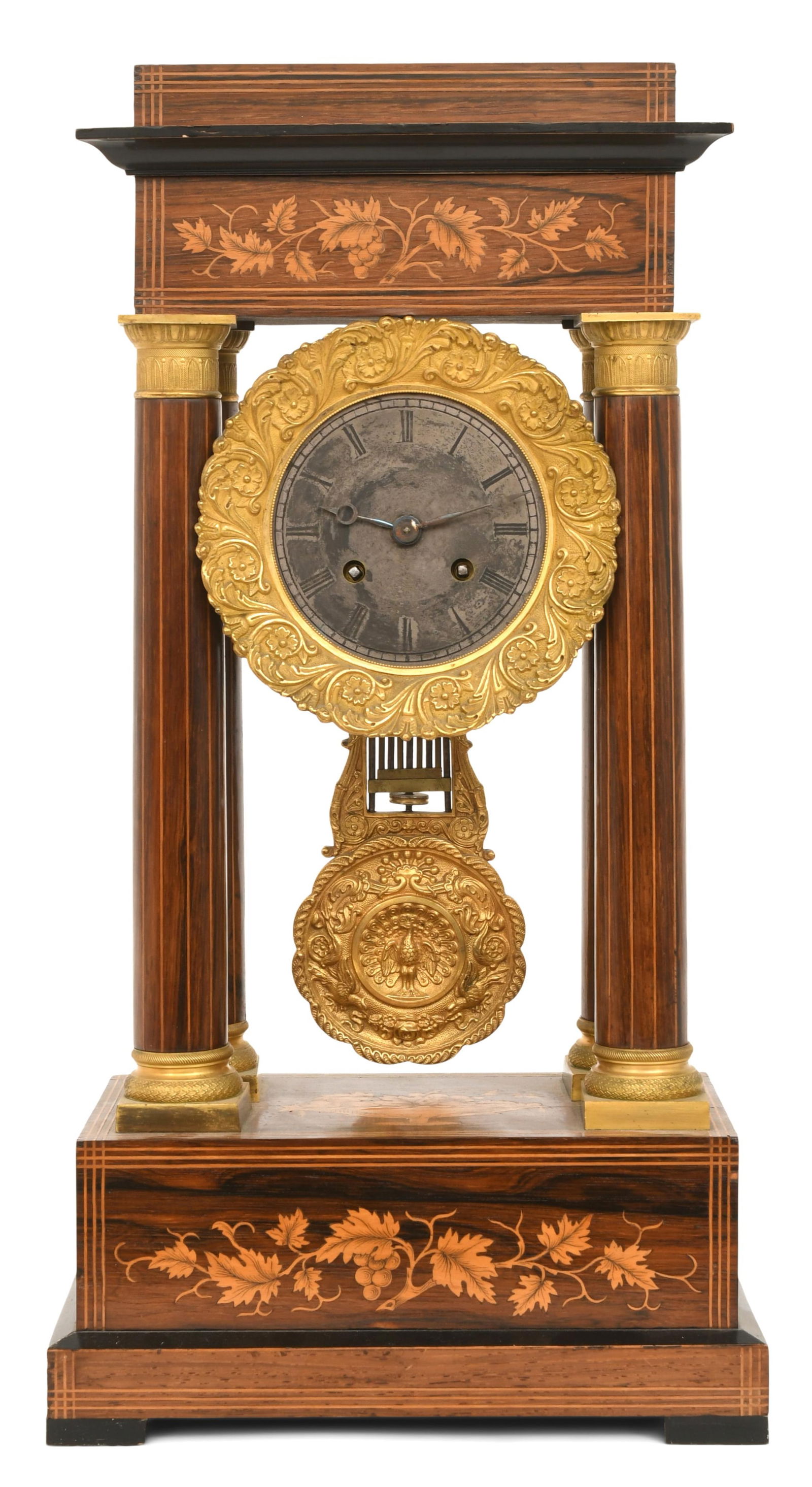 French Empire Gilt Bronze-Mounted & Inlaid Rosewood Portico Clock: French Empire Gilt Bronze-Mounted & Inlaid Rosewood Portico Clockmid-19th centurydecorated with inlaid grapevines and a pendulum with peacock in the center, French ebache 8-day spring driven movement