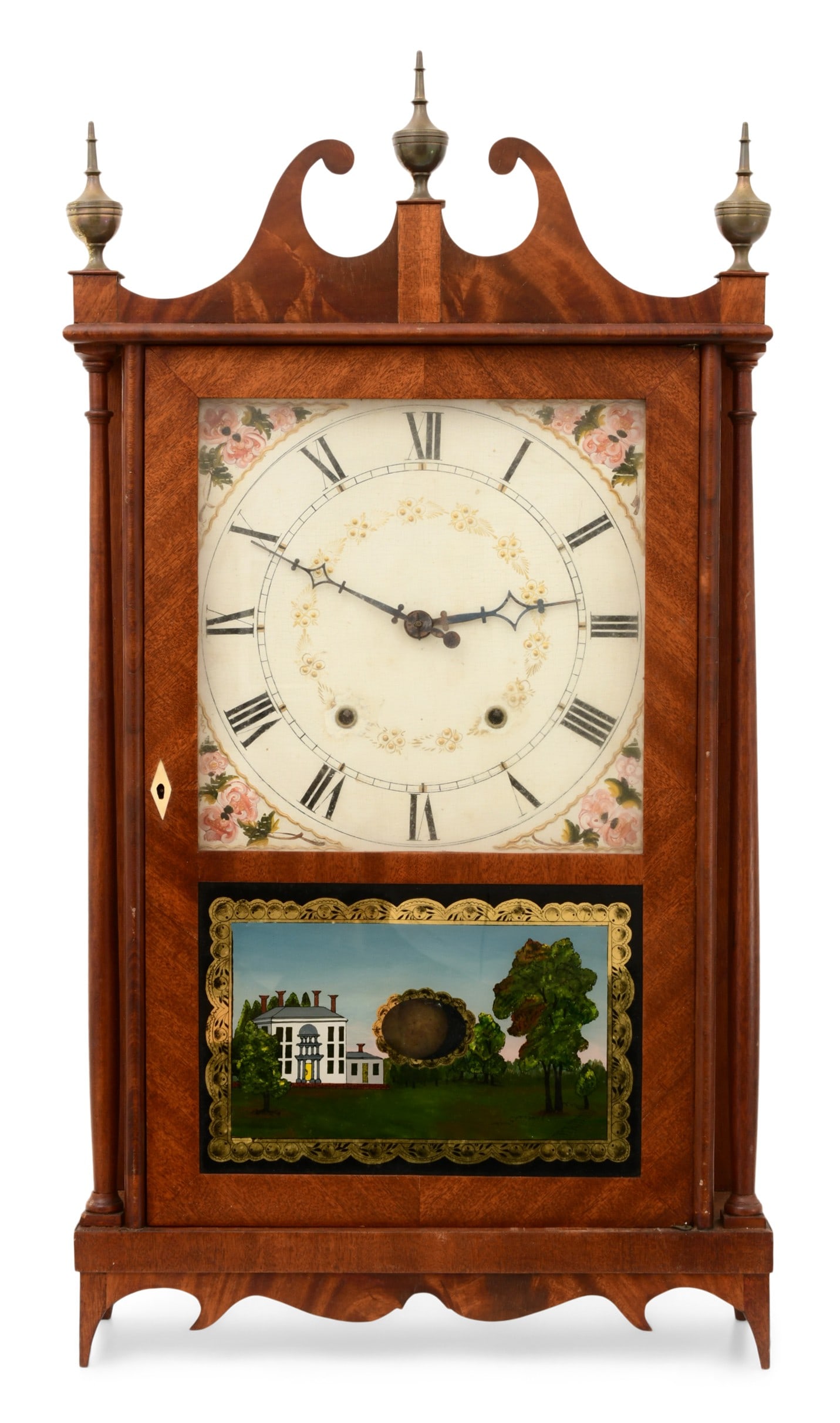 Eli Terry & Sons Pillar & Scroll Shelf Clock: Eli Terry & Sons Pillar & Scroll Shelf Clockcirca 1820mahogany veneer pillar and scroll case, 30-hour time and strike wood works movement, signed with label31 x 16 1/2 x 4 1/2 inches