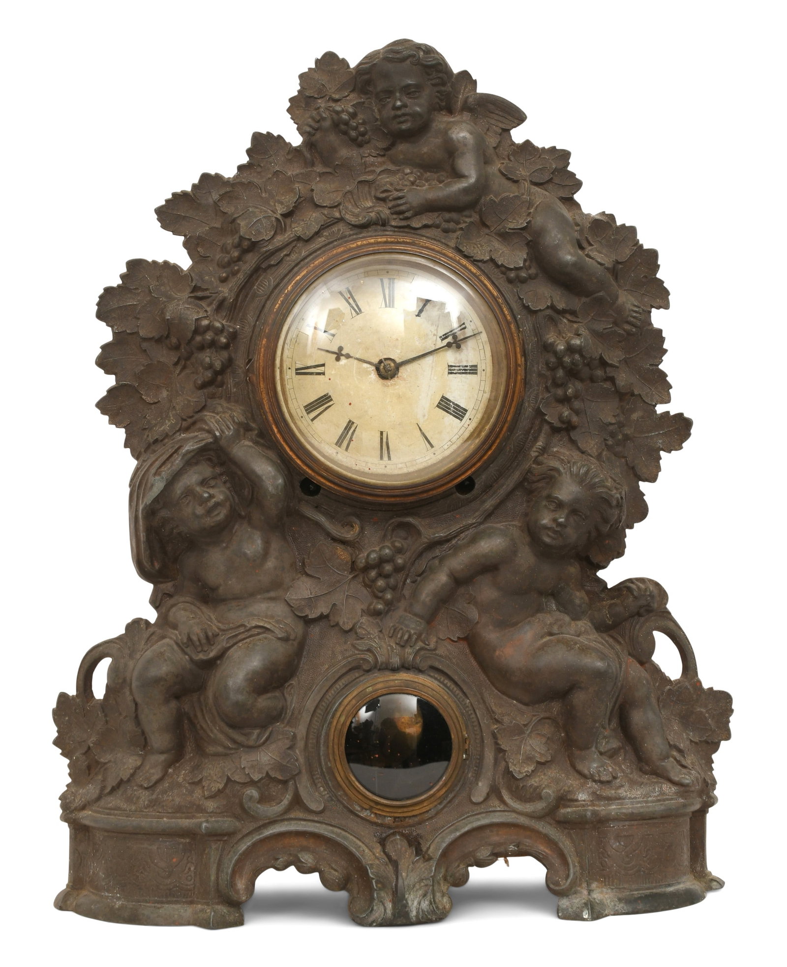 Cast Iron Front Mantel Clock, N. Muller, William L. Gilbert Clock Co.: Cast Iron Front Mantel Clock, N. Muller, William L. Gilbert Clock Co.late 19th centurycast iron front with a figure of Young Sick Bacchus, brass 8-day spring-driven time and strike movement, case mark