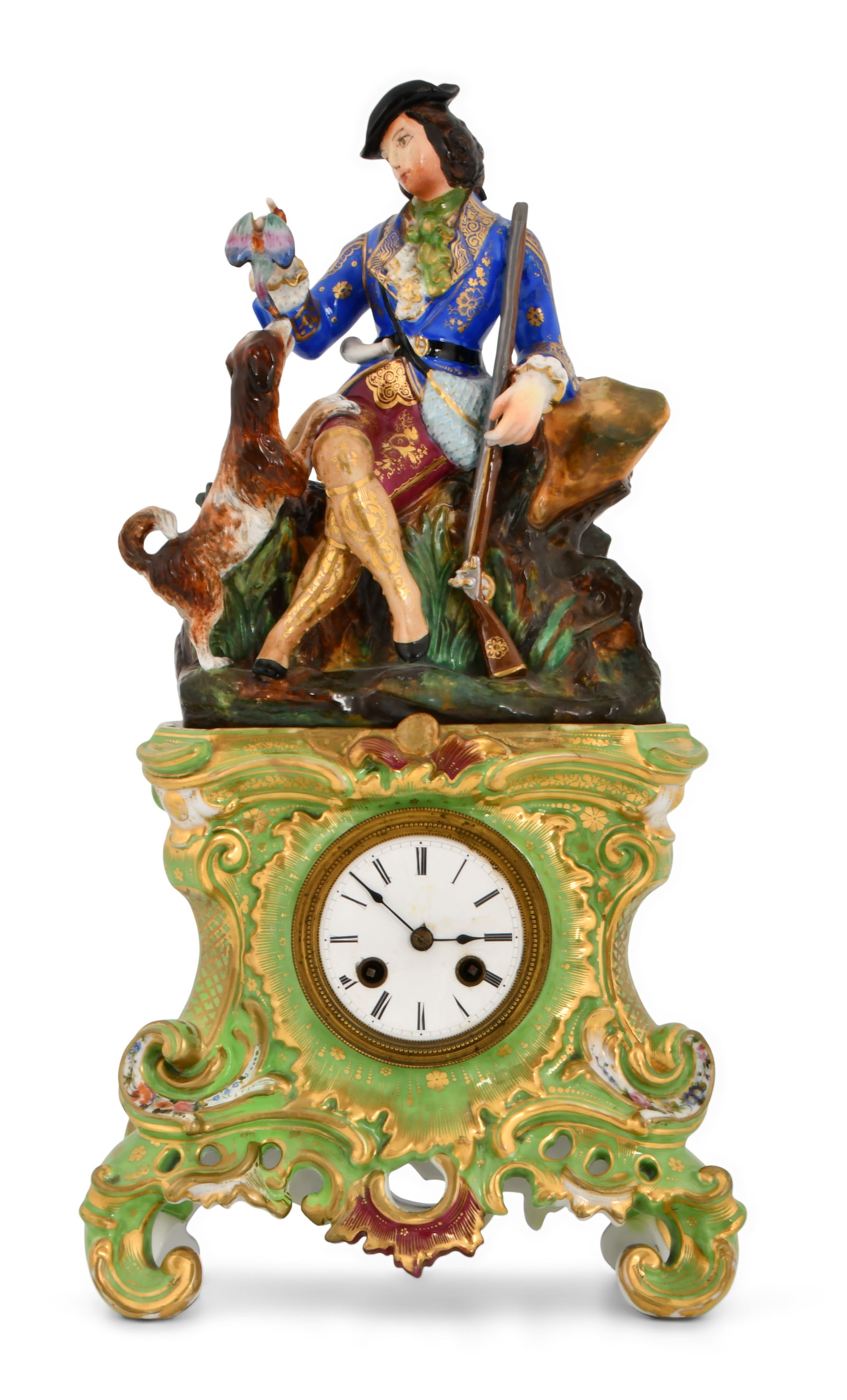 French Porcelain Figural Mantel Clock: French Porcelain Figural Mantel Clockcirca 1900the clock surmounted by a hunter with his dog, 8-day time and bell strike movement, movement signed "Vincenti & Cie/Made in France/H&H"20 x 10 x 5 inches