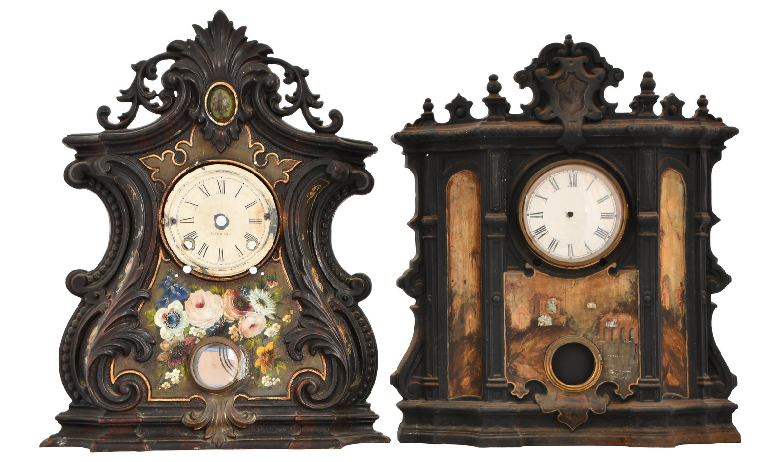 Two 19th Century Cast Iron Clock Cases: Two 19th Century Cast Iron Clock Casesone with dial signed "C. Jerome"21 x 18 x 4 inches (largest)