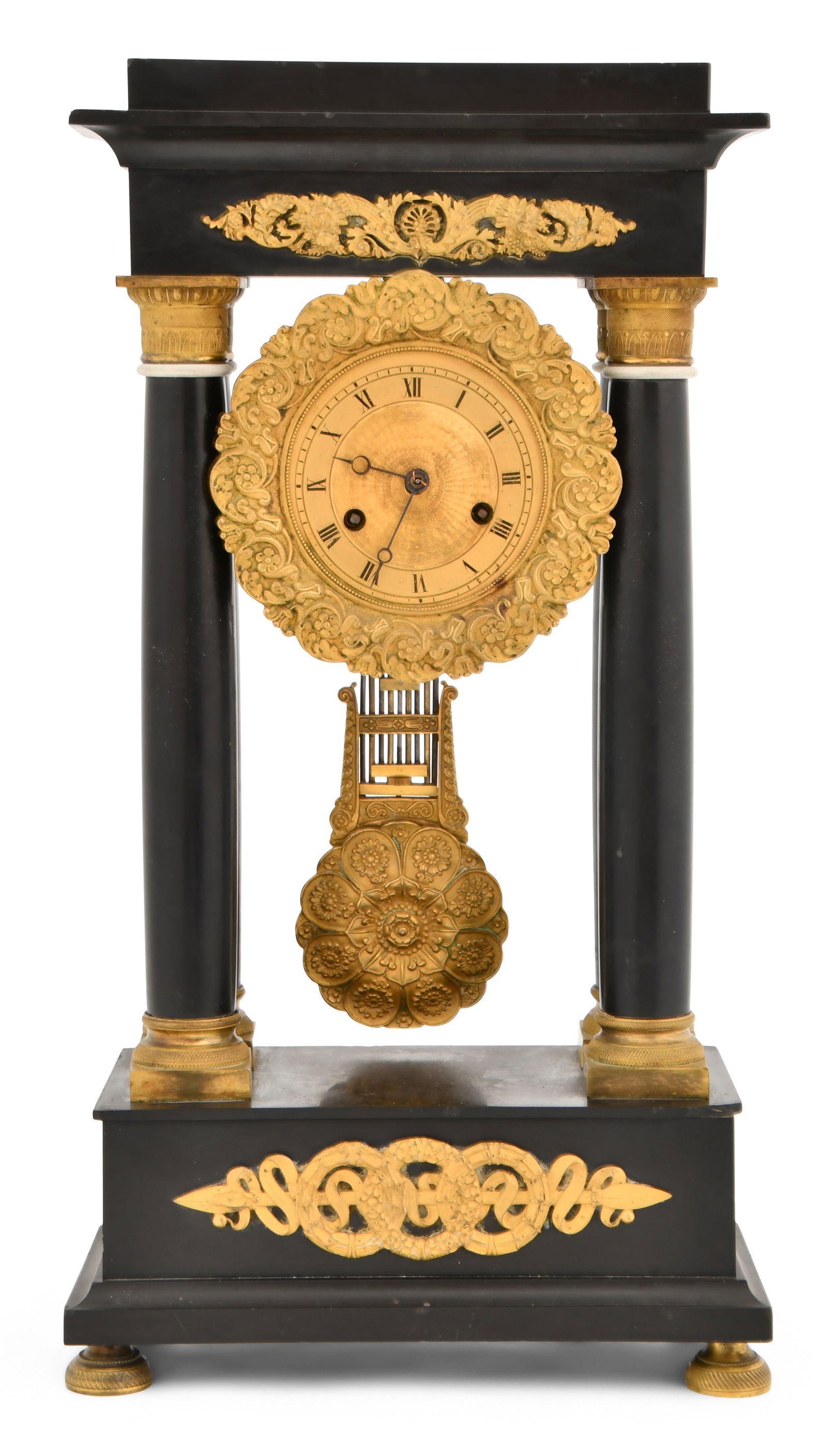 French Gilt Bronze Mounted Slate Portico Clock: French Gilt Bronze Mounted Slate Portico Clocklate 19th centurythe case with gilt bronze column supports and mounts, 8-day time and strike movement with count wheel strike, unsigned17 1/2 x 9 1/ 2 x 5