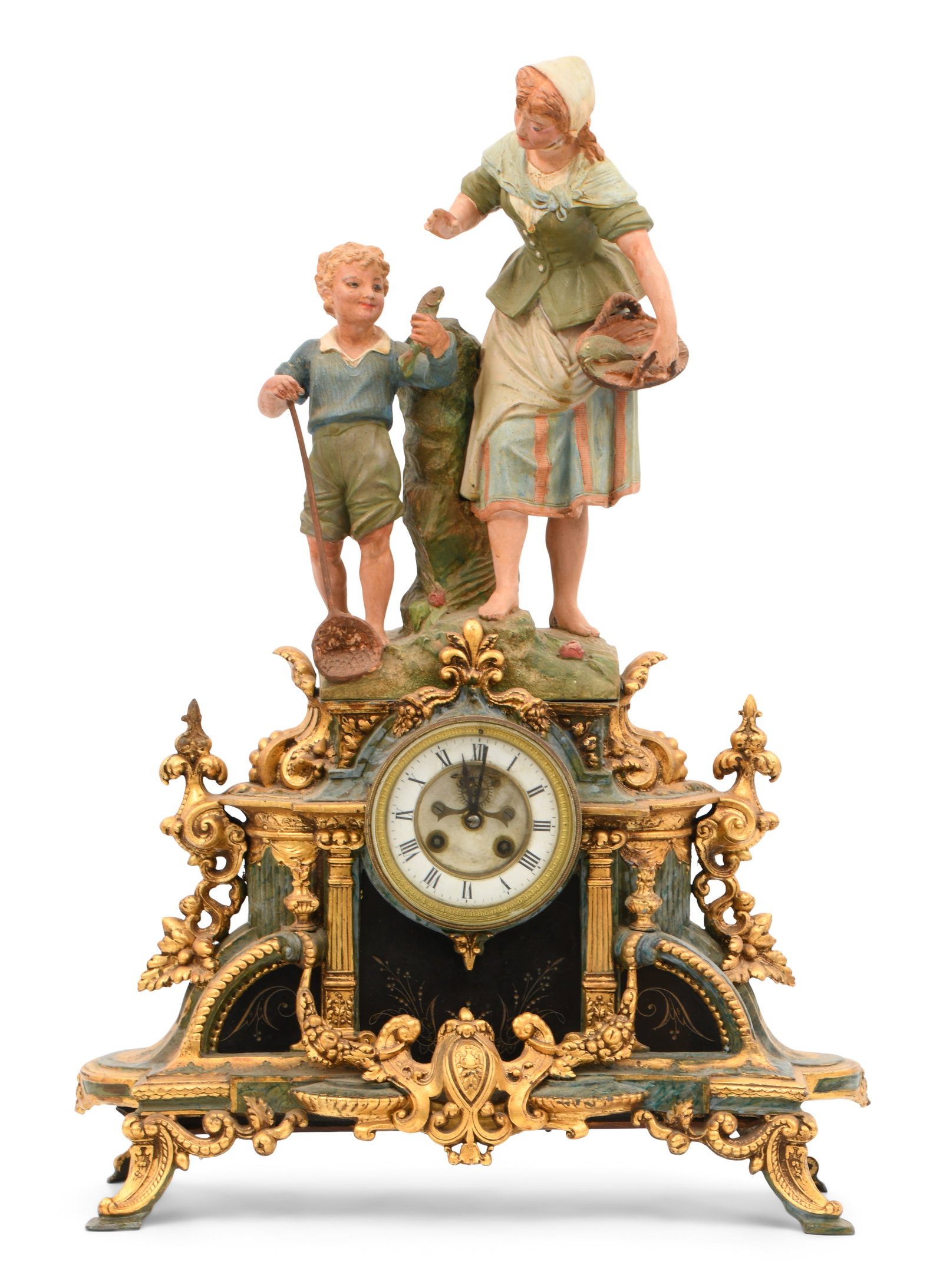 French Gilt & Polychromed Metal Figural Mantel Clock: French Gilt & Polychromed Metal Figural Mantel Clocklate 19th centurythe case surmounted by a woman and boy catching fish, 8-day time and strike movement with brocot escapement, movement signed "Japy