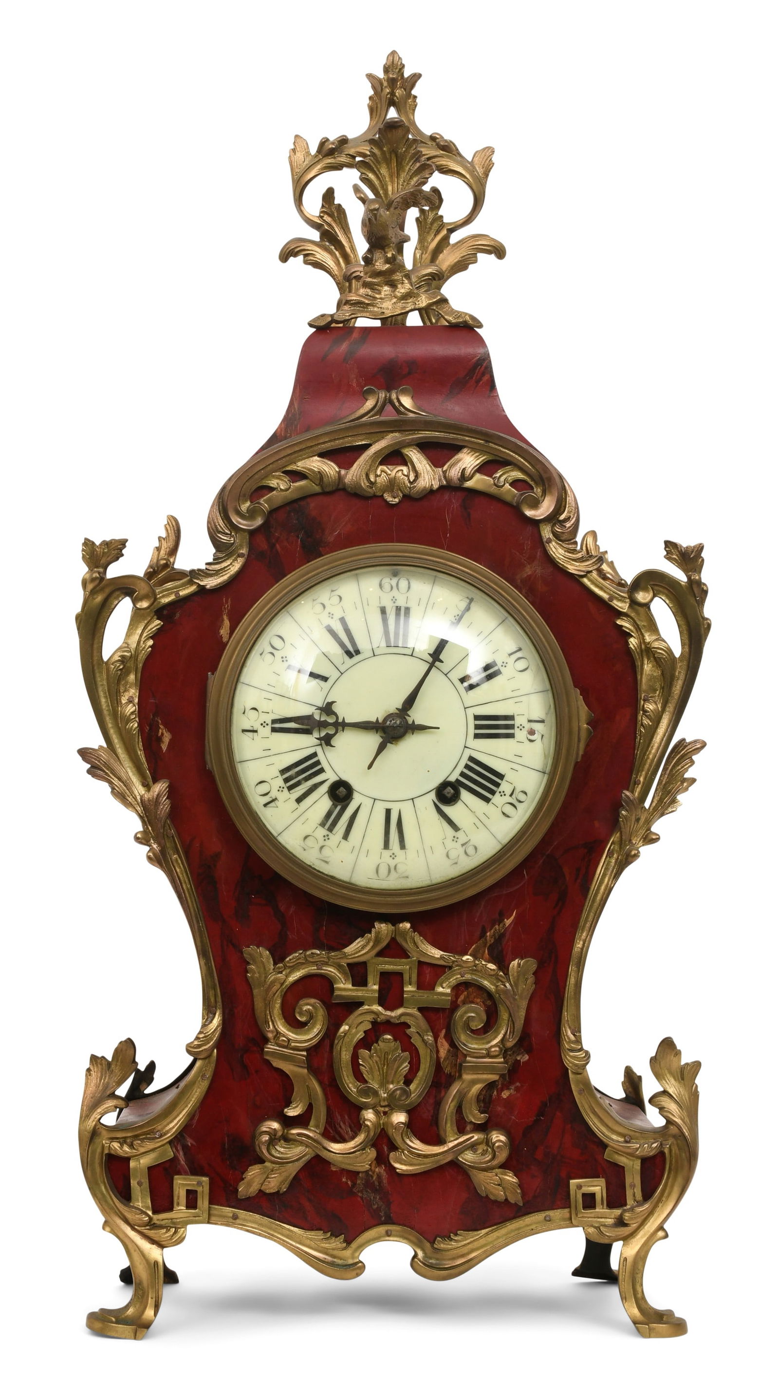 French Gilt Bronze-Mounted Bracket Clock: French Gilt Bronze-Mounted Bracket Clockmid-19th centuryRococo style marble grain-painted iron case with scrolling bronze mounts, 8-day spring-driven time and quarter strike movement with a count whee