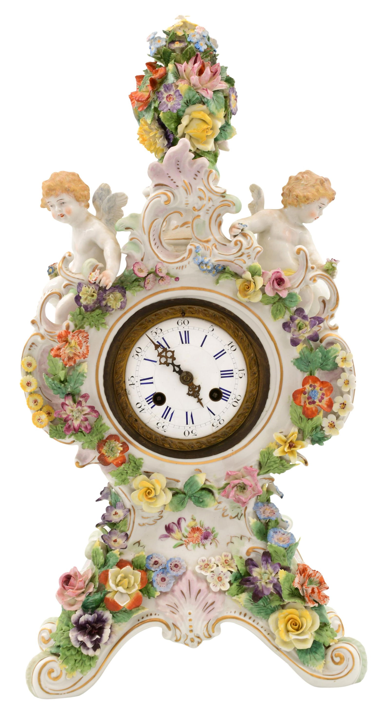 German Porcelain Figural Mantel Clock: German Porcelain Figural Mantel Clocklate 19th centurythe Japy Freres 8-day brass movement with count wheel striking, case is signed with the makers mark and a paper tag "Germany," movement is signed