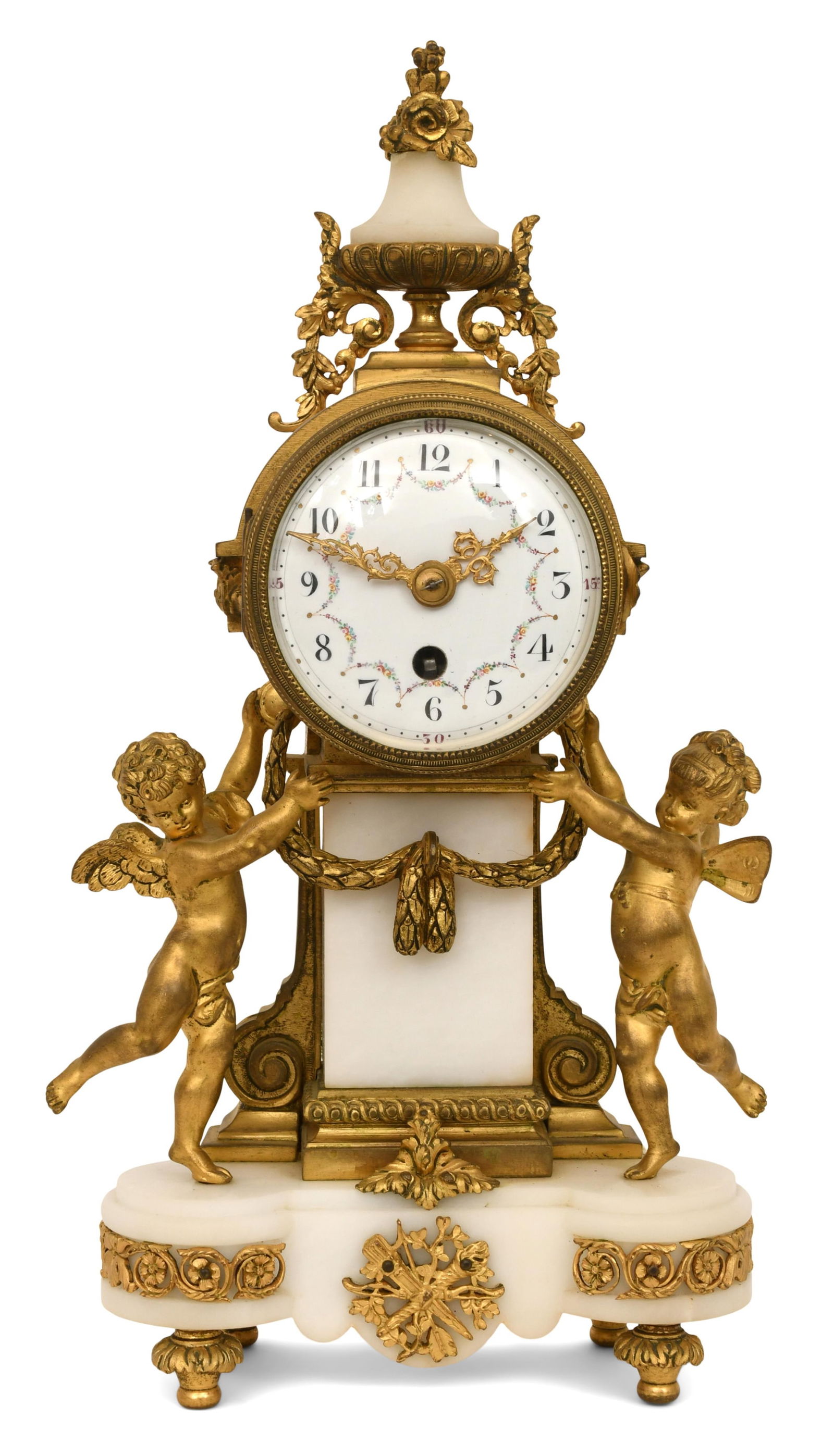 French Gilt Bronze & Marble Figural Desk Clock: French Gilt Bronze & Marble Figural Desk Clockearly 20th centurydecorated with two cherubs, foliate, flowers and surmounted by an urn, French brass ebauche movement with platform escapement, movement