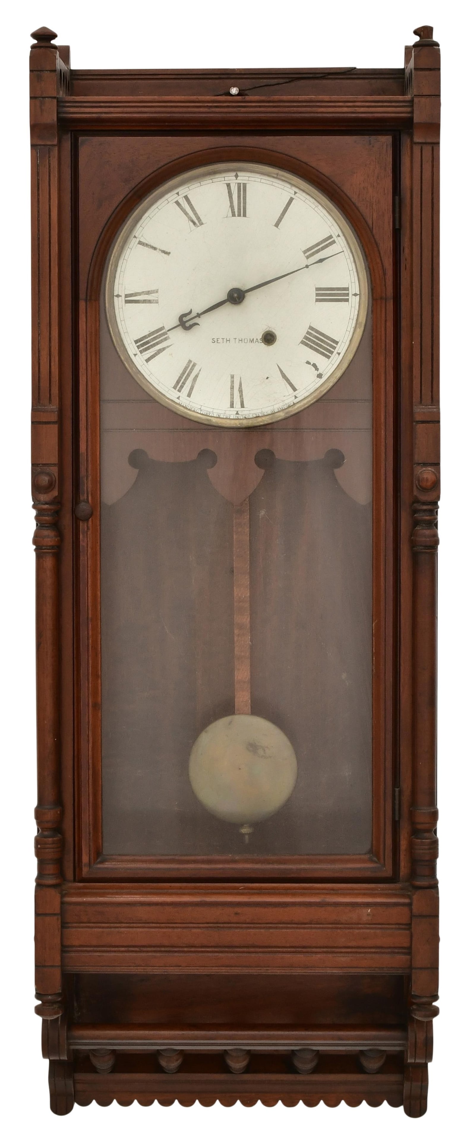 Seth Thomas "Queen Anne" Wall Clock: Seth Thomas "Queen Anne" Wall Clocklate 19th centurywalnut case, 8-day spring driven time only movement, signed on the dial and movement36 x 13 x 6 1/2 inches