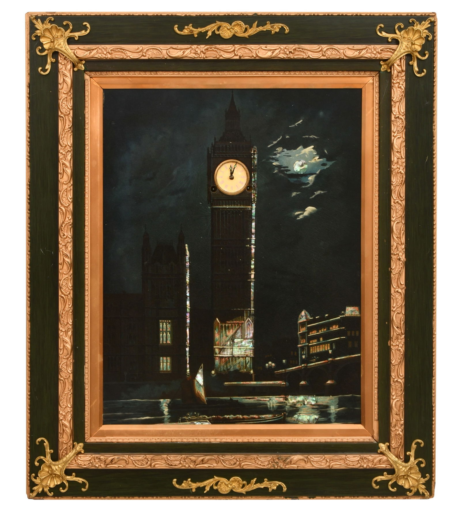 Clock Tower Musical Picture Clock: Clock Tower Musical Picture Clock20th centuryoil on board with a clock tower having a functional clock, unknown duration brass spring driven time and quarter hour musical movement, unsigned26 1/2 x 22