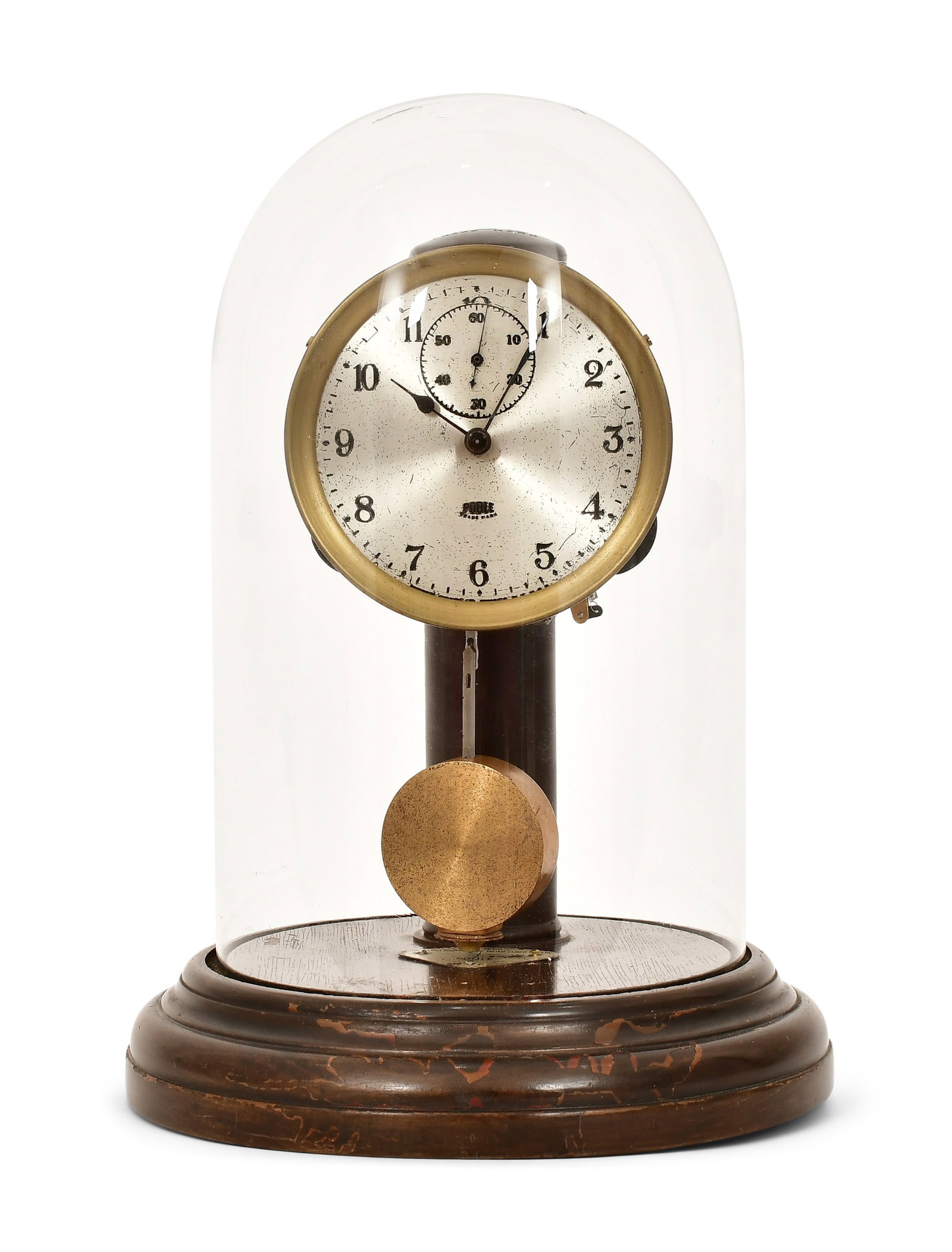 Poole Mfg. Co. Electric Clock with Glass Dome: Poole Mfg. Co. Electric Clock with Glass Domeearly 20th centurybakelite frame with wood base, silvered dial and glass dome, battery (3 d-cell) operated movement with "hip toggle" escapement, dial sign