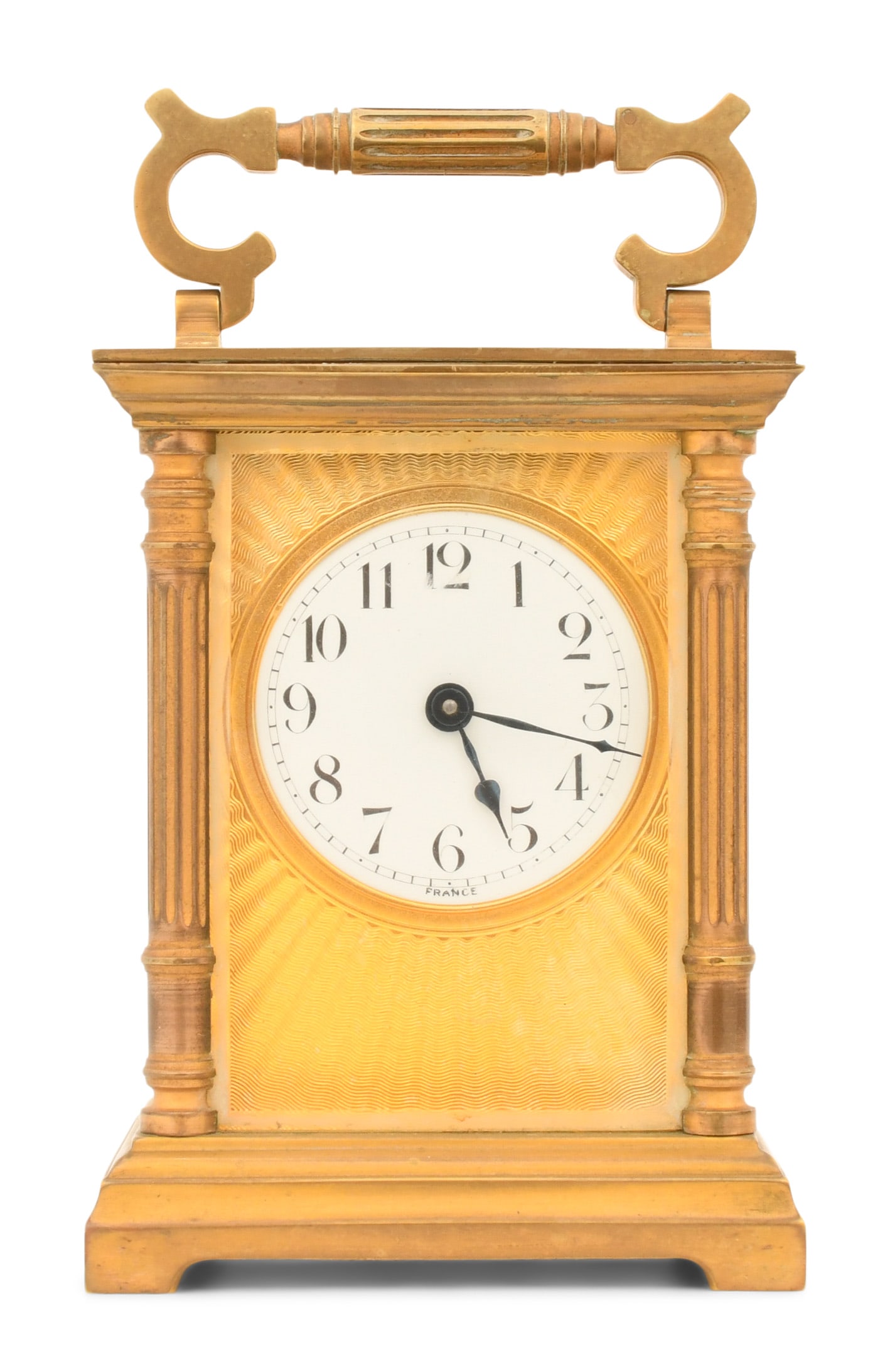 Duverdrey & Bloquel Carriage Clock: Duverdrey & Bloquel Carriage Clockearly 20th centurybrass case with 3/4 columns and beveled glass, 8-day spring driven time only movement with cylinder platform escapement, signed on the movement with