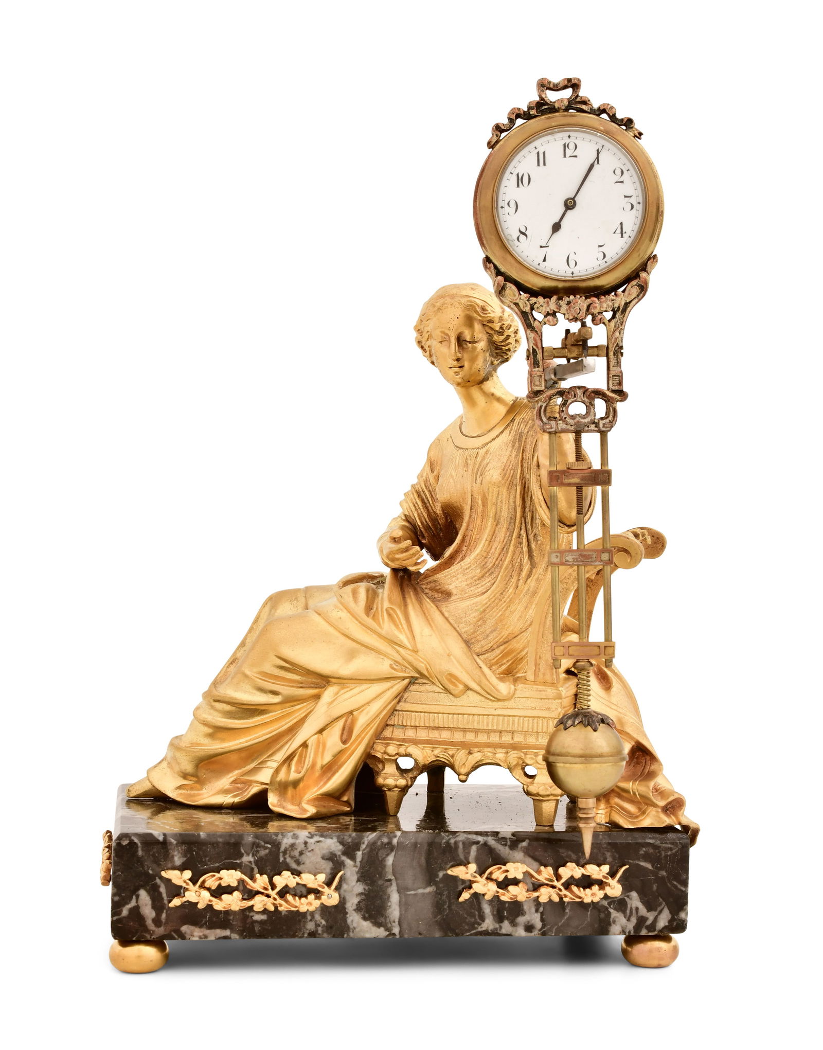 A Gilt Metal Figural Swinger Clock: A Gilt Metal Figural Swinger Clockearly 20th centurygilt metal figure holding a mystery clock surmounted on a green marble base, 5-day mystery swinger movement with compound pendulum, unsigned11 x 7 1