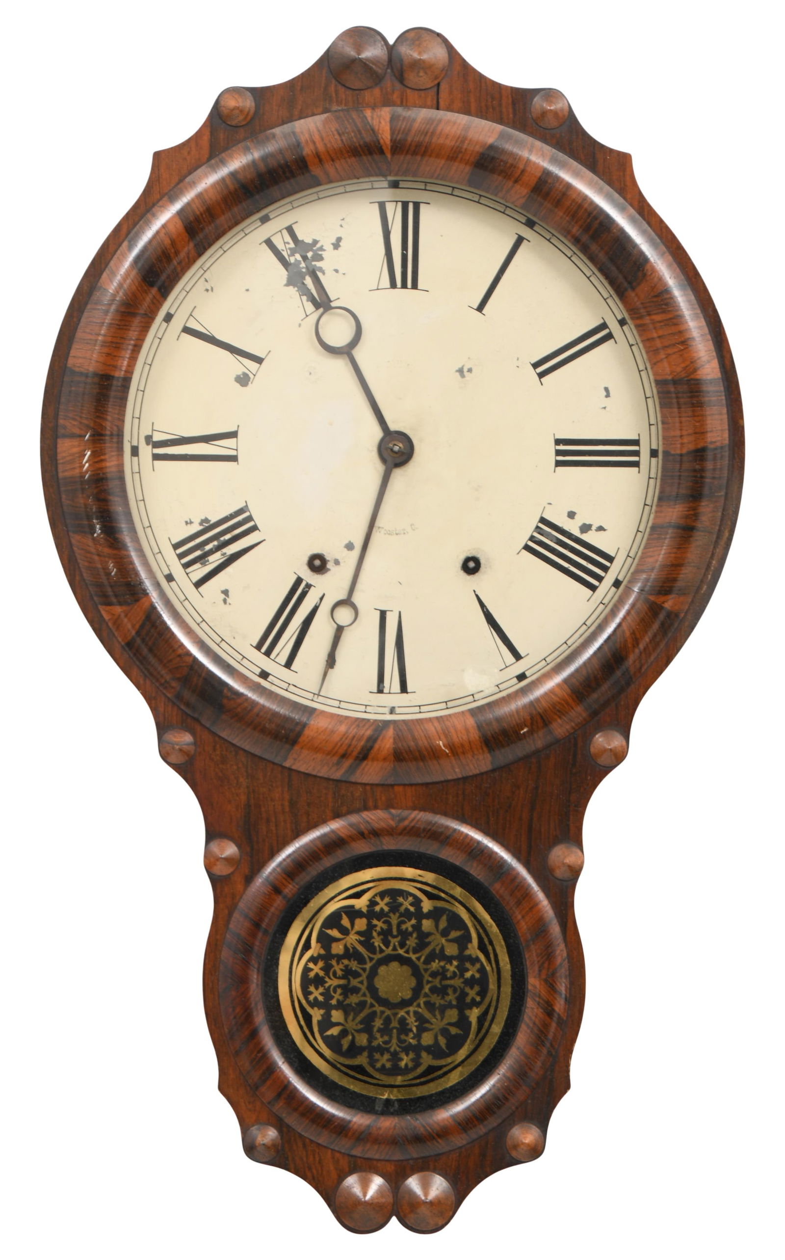 Seth Thomas "Office Calendar No. 4" Wall Clock: Seth Thomas "Office Calendar No. 4" Wall Clockcirca 18748-day time and strike spring driven movement, movement signed "S. Thomas, Plymouth, Conn., U.S.A.," dial marked "Wooster C"25 x 15 x 3 1/2 inche