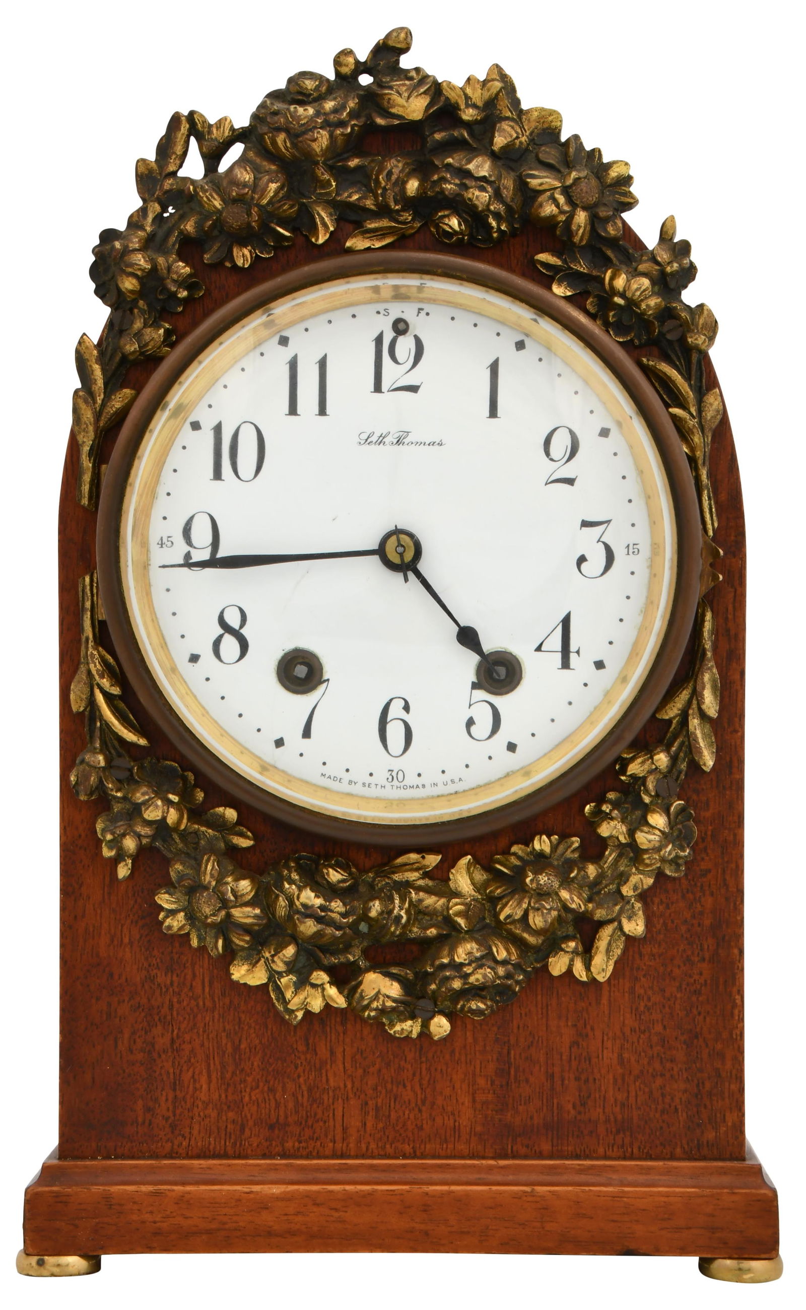 Seth Thomas Mahogany & Gilt Brass Mantel Clock: Seth Thomas Mahogany & Gilt Brass Mantel Clockearly 20th centurythe mahogany case with gilt brass floral decoration, brass 8-day time and strike "48R" movement, dial and movement each signed12 x 7 x 4