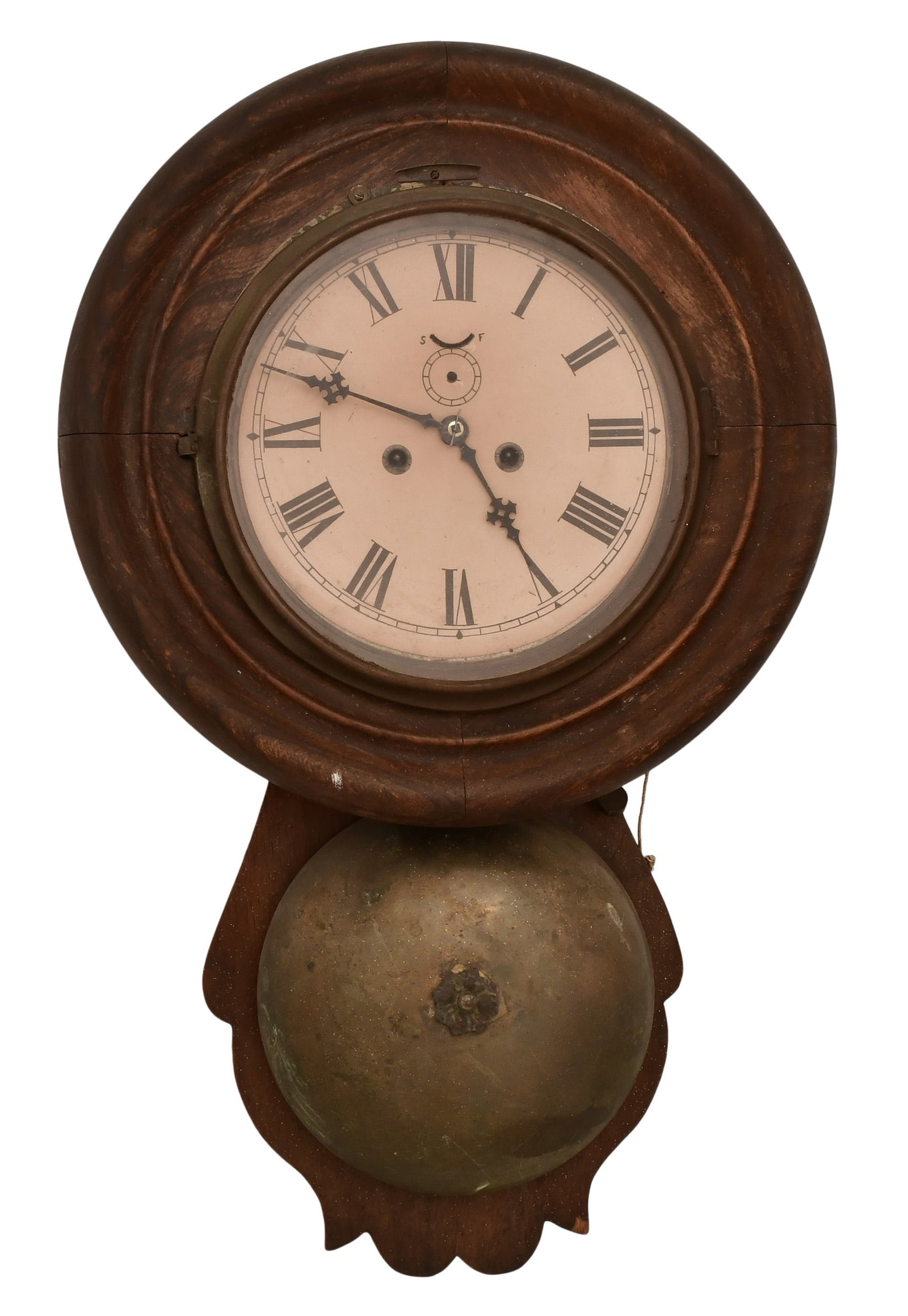 Walnut Wall Clock with Large Bell: Walnut Wall Clock with Large Bell20th centurywalnut case with large brass plated bell, 8-day bras spring driven time and strike movement with pin lever escapement, unsigned22 x 13 x 4 inchesProvenance