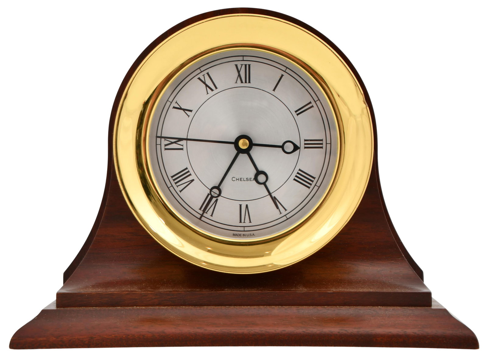 Chelsea Clock Co. "Presidential" Brass Ship's Clock: Chelsea Clock Co. "Presidential" Brass Ship's Clocklate 20th centurybrass case on mahogany base, quartz battery movement, dial signed "Chelsea"7 1/2 x 9 1/4 x 4 inches