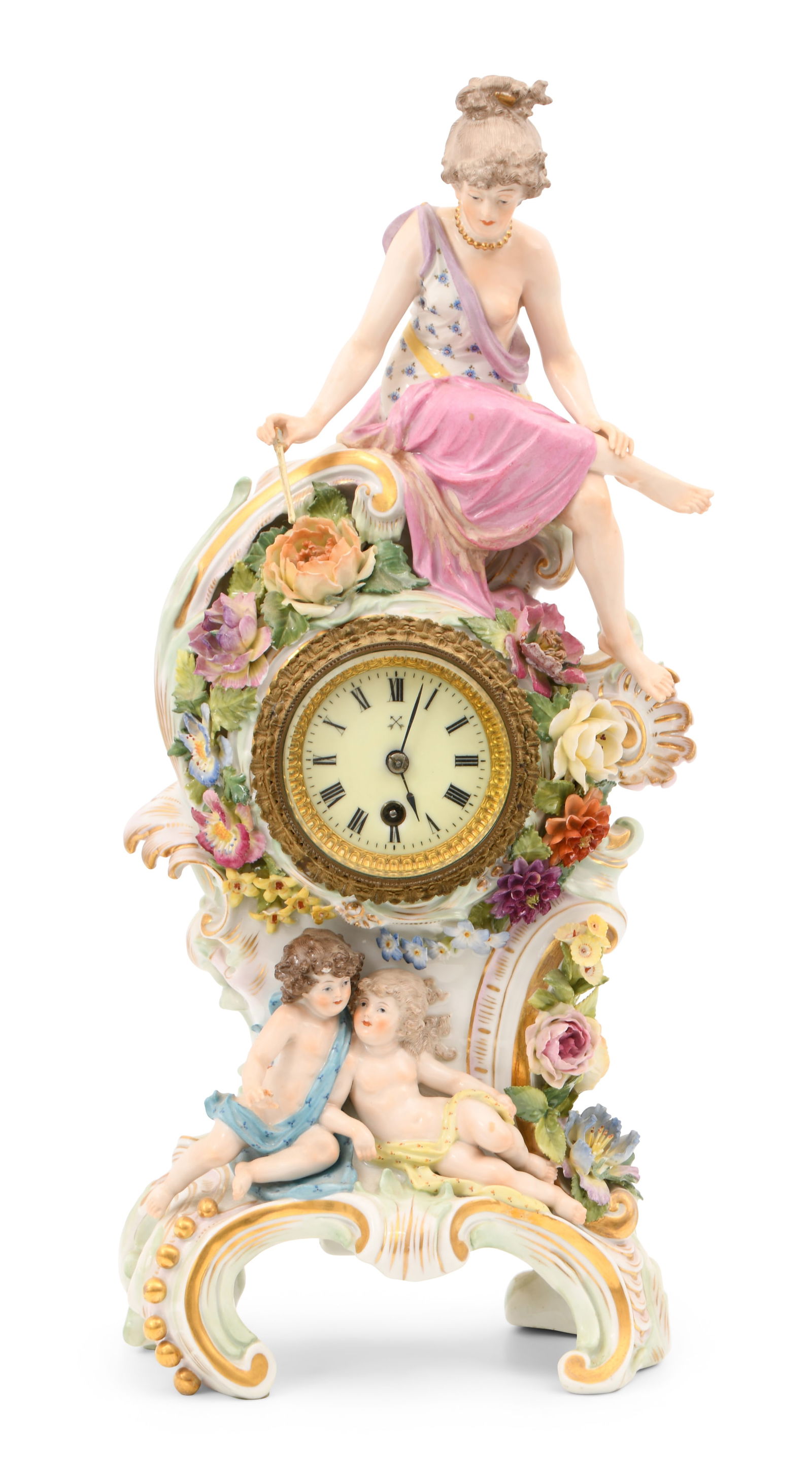 German Porcelain Figural Mantel Clock: German Porcelain Figural Mantel Clockearly 20th centurythe case surmounted by a woman above flowers and two putti, 8-day time only lever movement, dial and movement signed with Hamburg American Clock