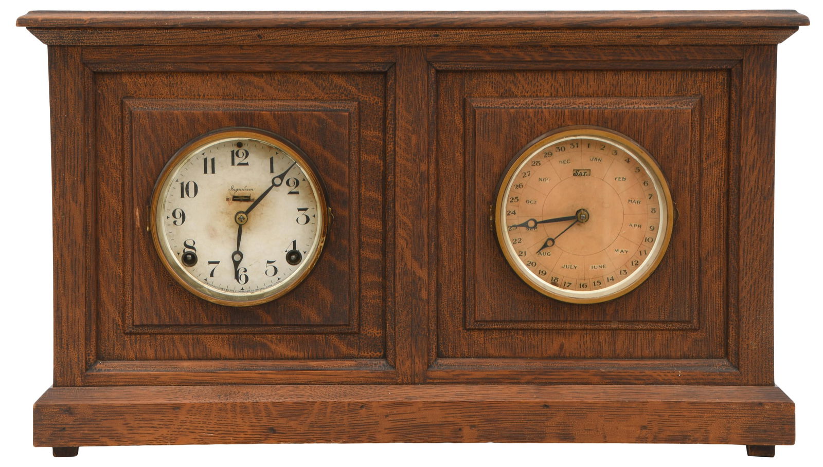 Ingraham Calendar Mantel Clock: Ingraham Calendar Mantel Clockearly 20th centuryquarter sawn oak case, brass 8-day time and strike moment with separate calendar, dial signed "Ingraham," calendar movement is signed "Ansonia" and look