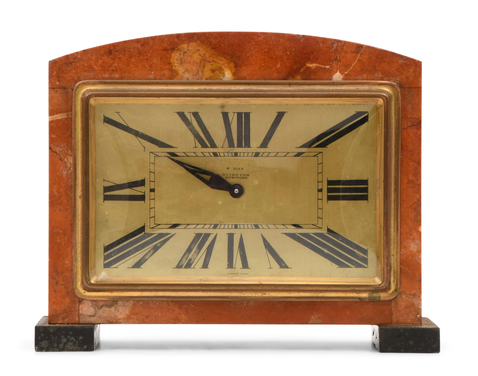 French Art Deco Marble Mantel Clock: French Art Deco Marble Mantel Clockearly 20th century8-day 2 jewel lever escapement movement, dial signed "Ovington, New York, 8-Day," movement signed "Duverdray & Bloquel"6 x 7 1/4 x 3 inches