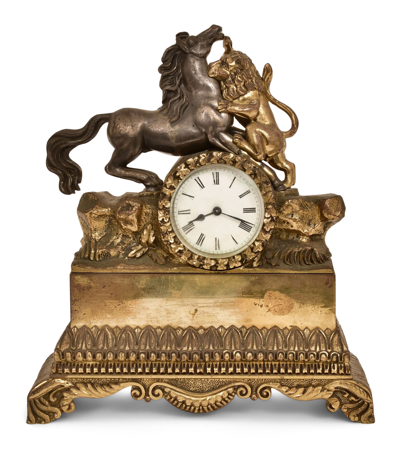 French Gilt & Silvered Metal Figural Mantel Clock: French Gilt & Silvered Metal Figural Mantel Clocklate 19th centurydepicting a lion and horse in battle, 8-day time only spring driven time only movement with cylinder platform escapement, unsigned9 1/