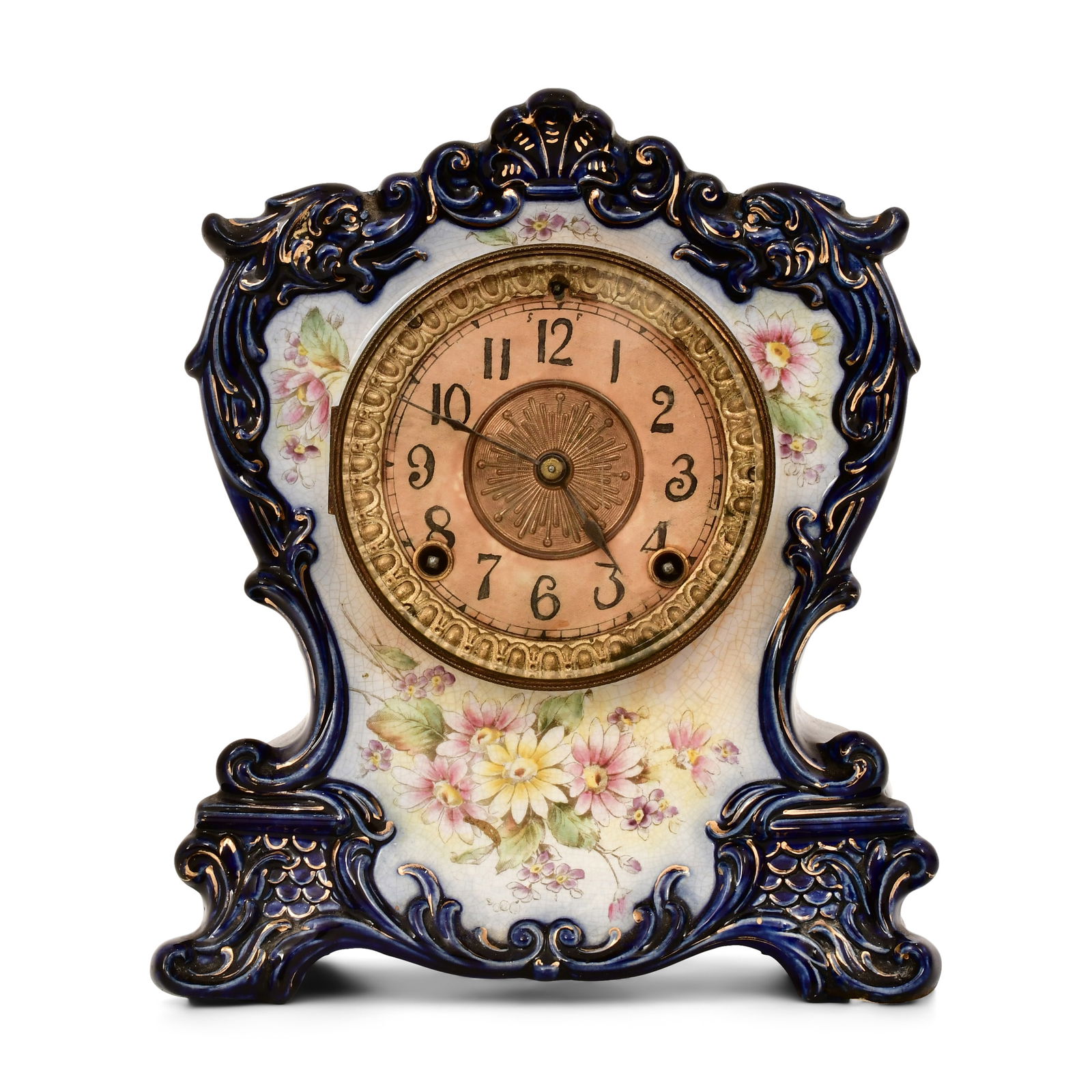 Ansonia Clock Co. "Tuckahoe" Porcelain Mantel Clock: Ansonia Clock Co. "Tuckahoe" Porcelain Mantel Clocklate 19th centuryporcelain case decorated with flowers brass 8-day time and strike movement, signed on the dial and movement, case marked "Tuckahoe"1