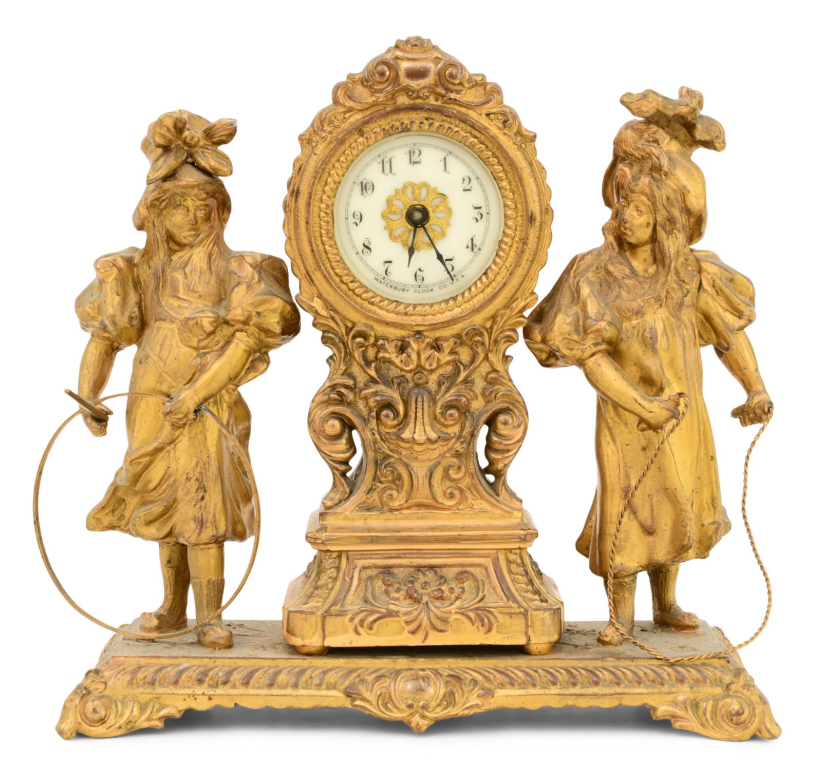 Waterbury Clock Co. Gilt Metal Miniature Statue Clock: Waterbury Clock Co. Gilt Metal Miniature Statue Clocklate 19th centurygilded figures of children playing with a jump rope and hoop, 30 hour time only pin lever movement, dial and movement marked7 1/2