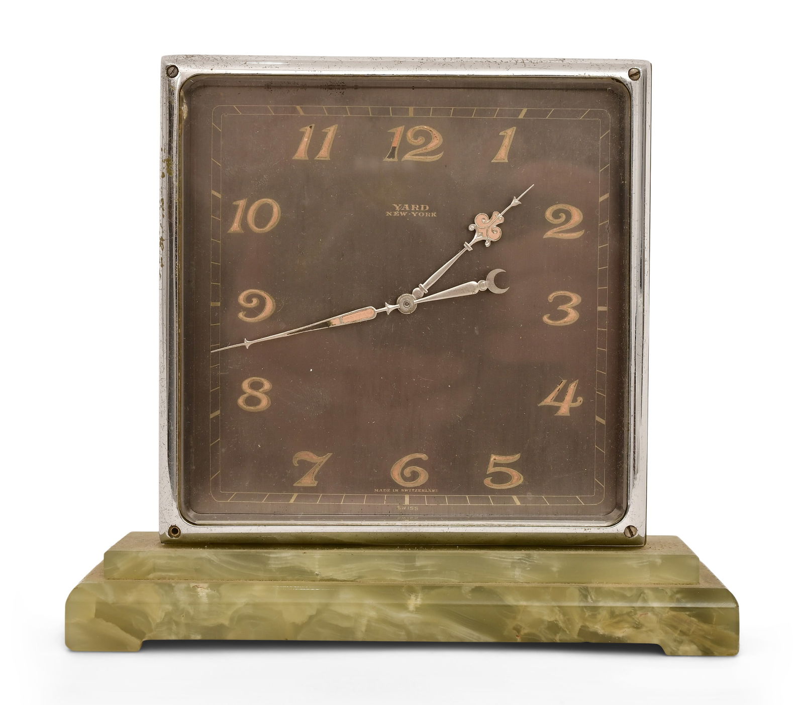 Swiss Onyx & Chrome Two-Sided Desk Clock: Swiss Onyx & Chrome Two-Sided Desk Clock mid-20th century green onyx with chrome dial bezels, 8-day time only spring driven movement with balance escapement, dial signed "Yard, New York / Made In