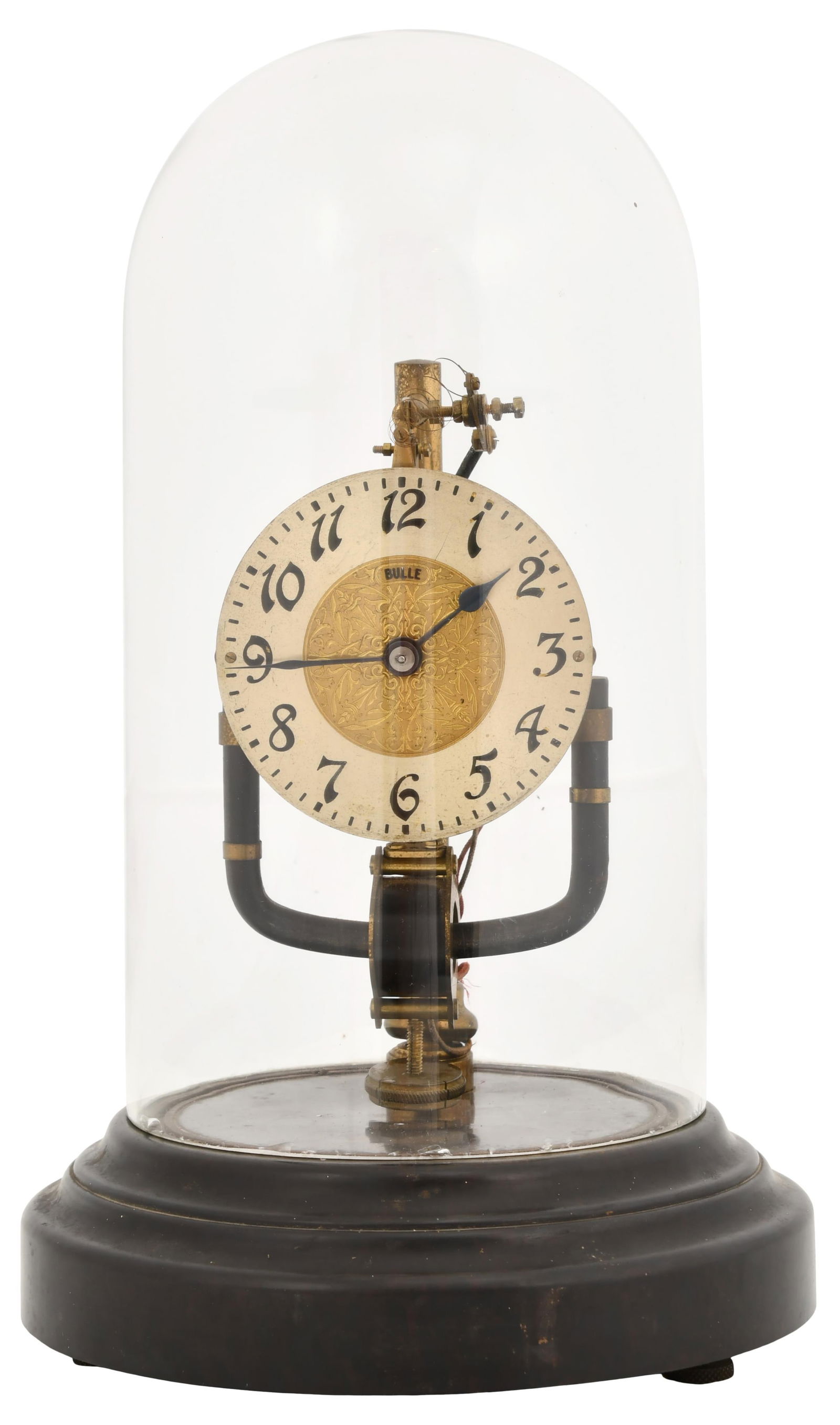 Bulle ATO Clock with Glass Dome: Bulle ATO Clock with Glass DomeFrench, early 20th centurymounted to a bakelite base, battery operated "ATO" movement, dial signed "Bulle"12 1/2 x 7 1/2 inches