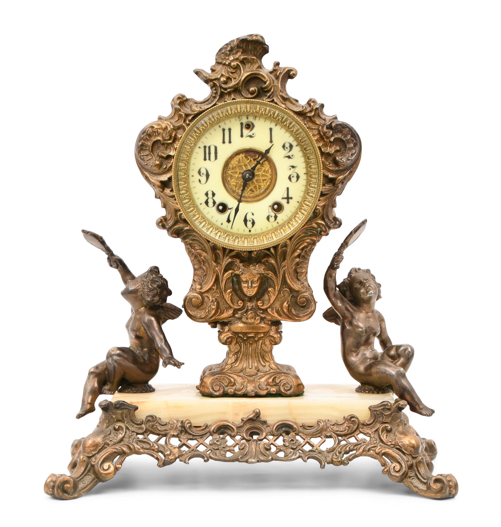 Gilbert Clock Co. Gilt Metal & Onyx Mantel Clock: Gilbert Clock Co. Gilt Metal & Onyx Mantel Clocklate 19th centurythe case with two cherubs on each side, 8-day spring driven time and strike movement, movement signed14 x 13 x 8 inches