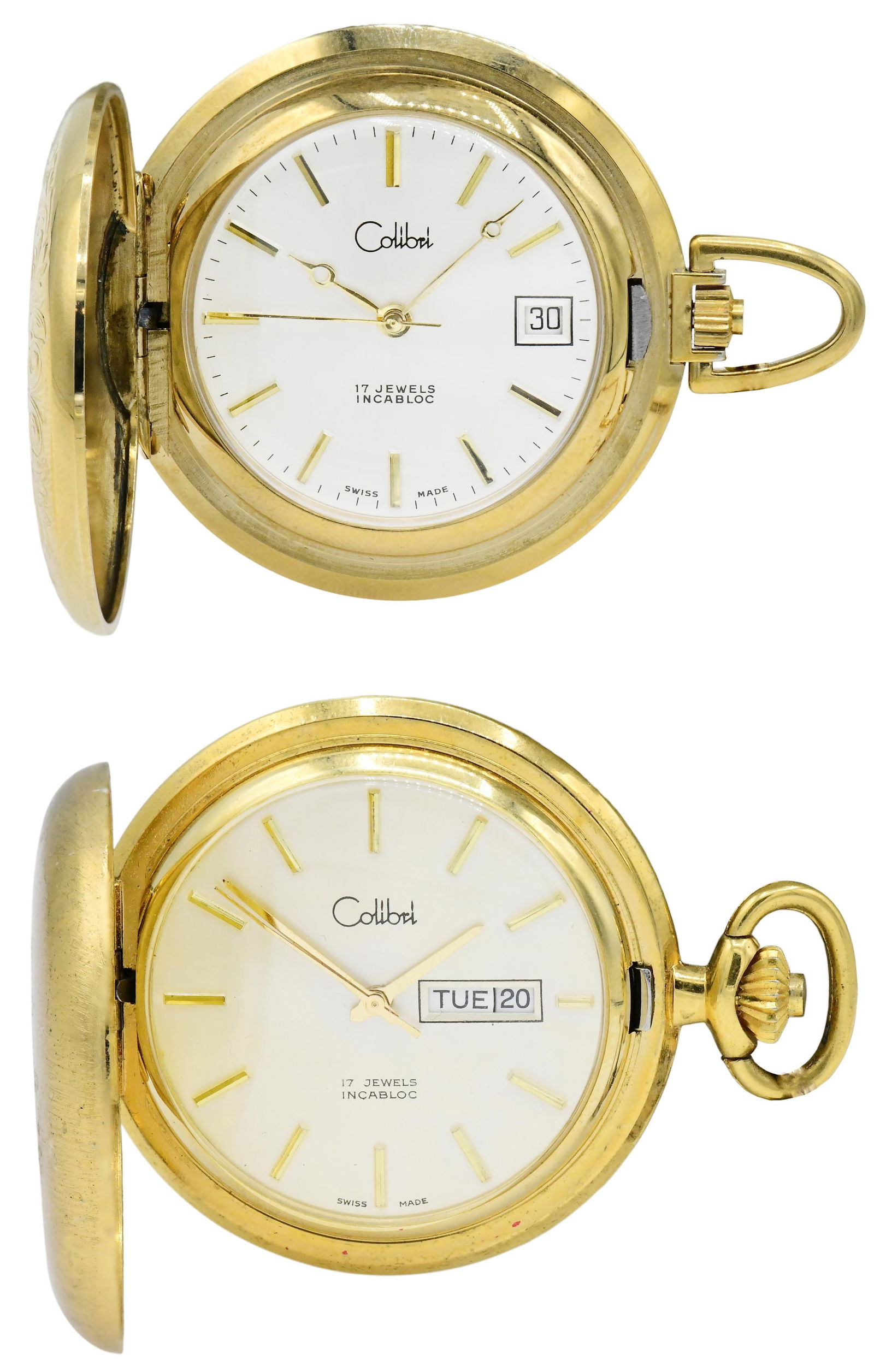 Two Colibel Gold-Toned Pocket Watches with Chains, 43mm & 45mm: Two Colibel Gold-Toned Pocket Watches with Chains, 43mm & 45mmOther Notes: Fontaine's Auction Gallery can arrange shipping for this item (USA only).