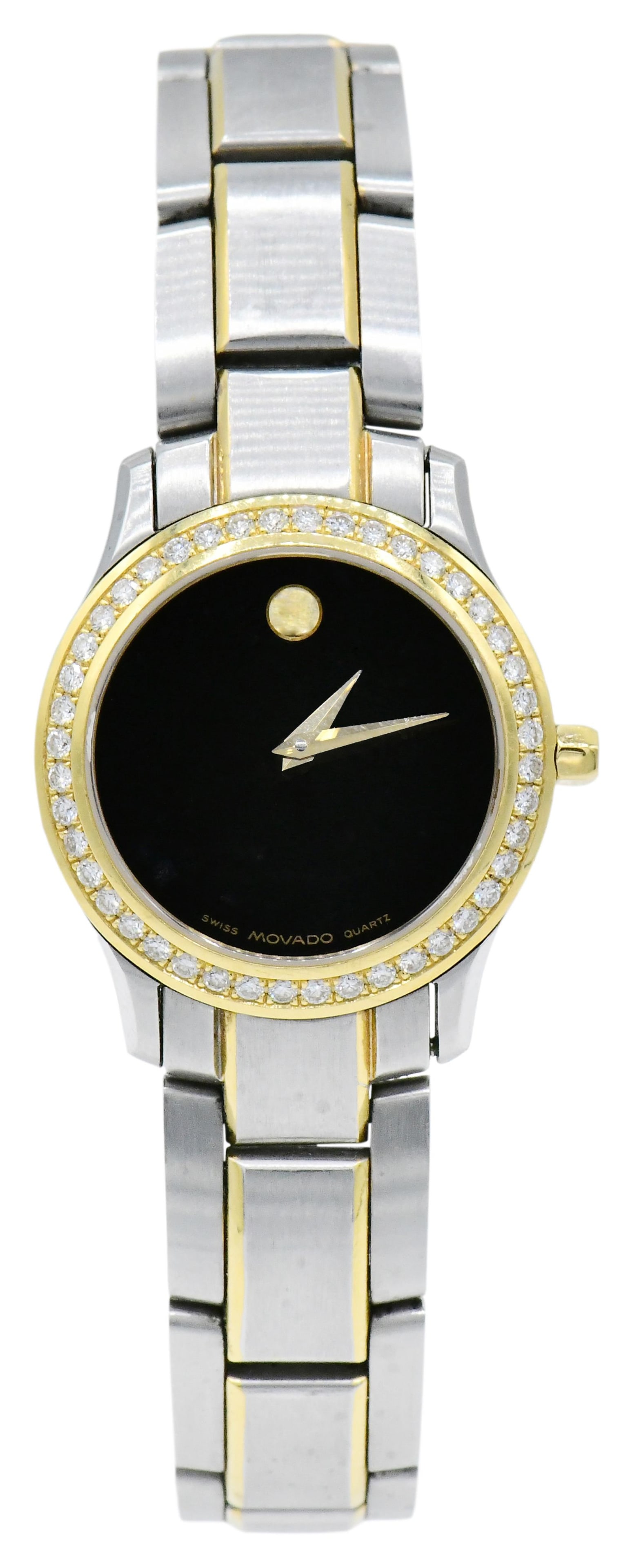 Movado Two-Tone Ladies Wristwatch, Reference 85-G4-825: Movado Two-Tone Ladies Wristwatch, Reference 85-G4-825Case: 18K & diamond bezel, stainless steel, sapphire crystalCase Diameter: 25mmDial: BlackReference: 85-G4-825Movement: QuartzSigned: Case, dial a