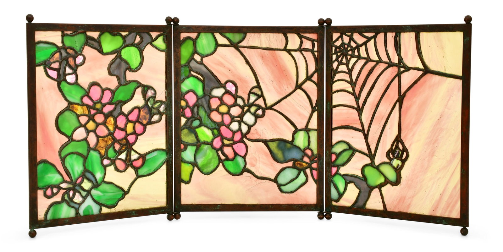 Tiffany Studios "Cobweb & Apple Blossom" Tea Screen: Tiffany Studios "Cobweb & Apple Blossom" Tea Screen circa 1910 leaded glass, patinated bronze impressed "Tiffany Studios, New York, 915" 8 1/2 x 19 inches Provenance: Private Collection, Maryland