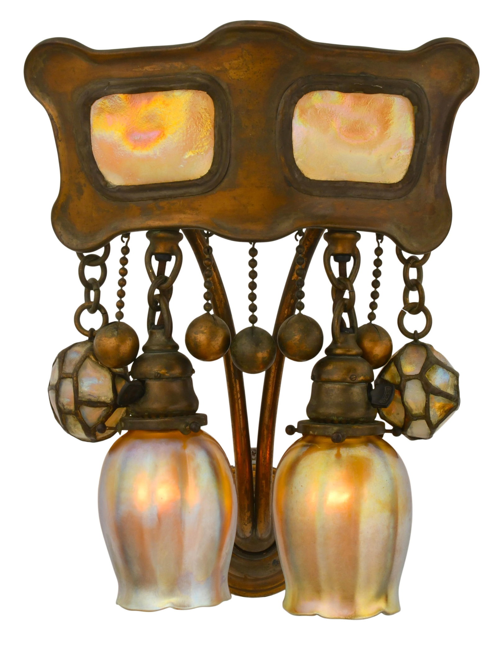 Tiffany Studios Moorish "Turtle-Back" Sconce: Tiffany Studios Moorish "Turtle-Back" Sconce circa 1910 favrile glass, leaded favrile glass, bronze each shade engraved "L.C.T." 17 x 12 1/2 x 7 inches