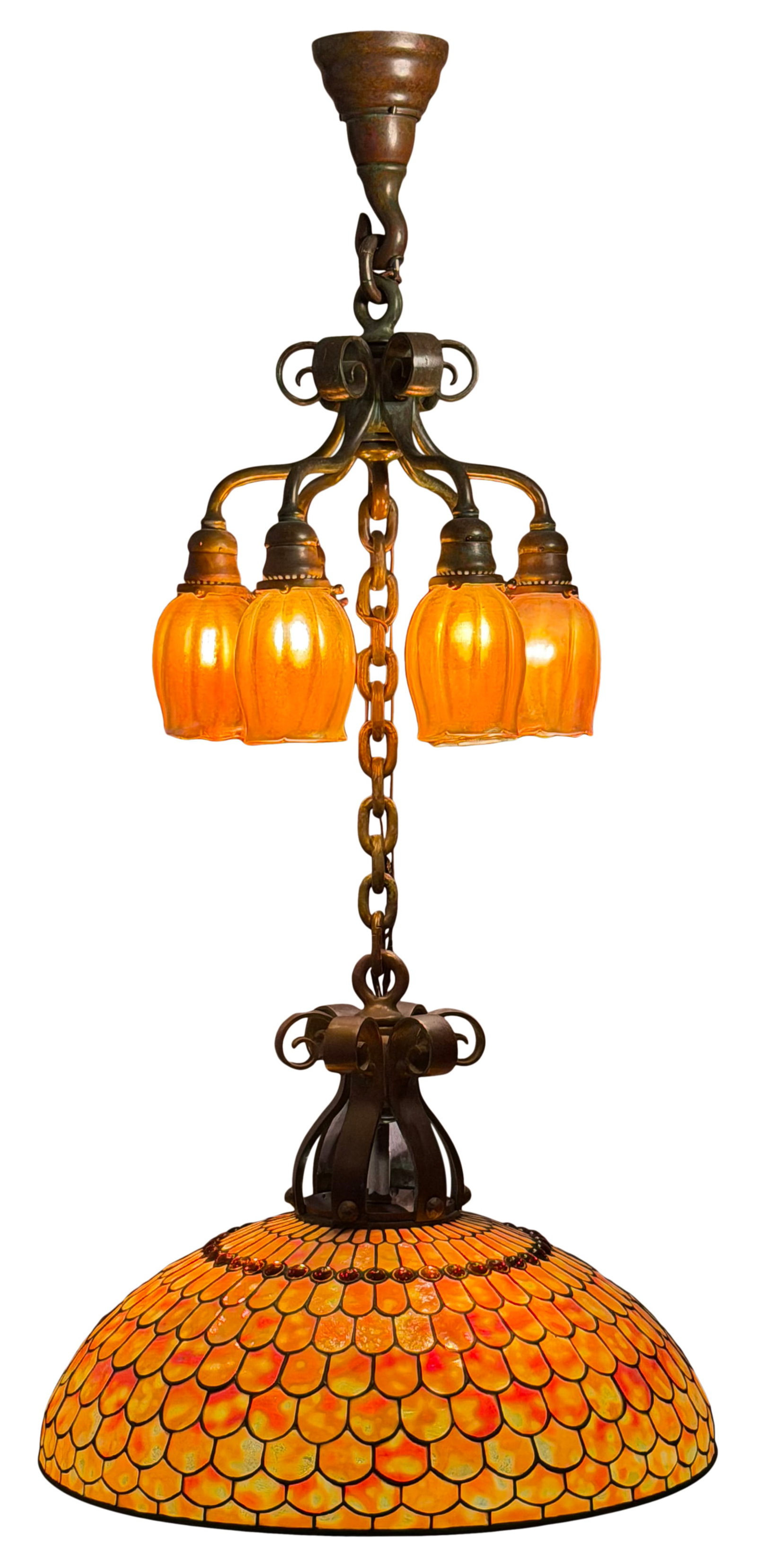 Tiffany Studios, A Rare "Fish Scale" Chandelier: Tiffany Studios A Rare "Fish Scale" Chandelier circa 1910 leaded glass, favrile glass, patinated bronze shade marked "Tiffany Studios, New York" each "Tulip" shade marked "L.C.T." 47 x 22 1/2 inches