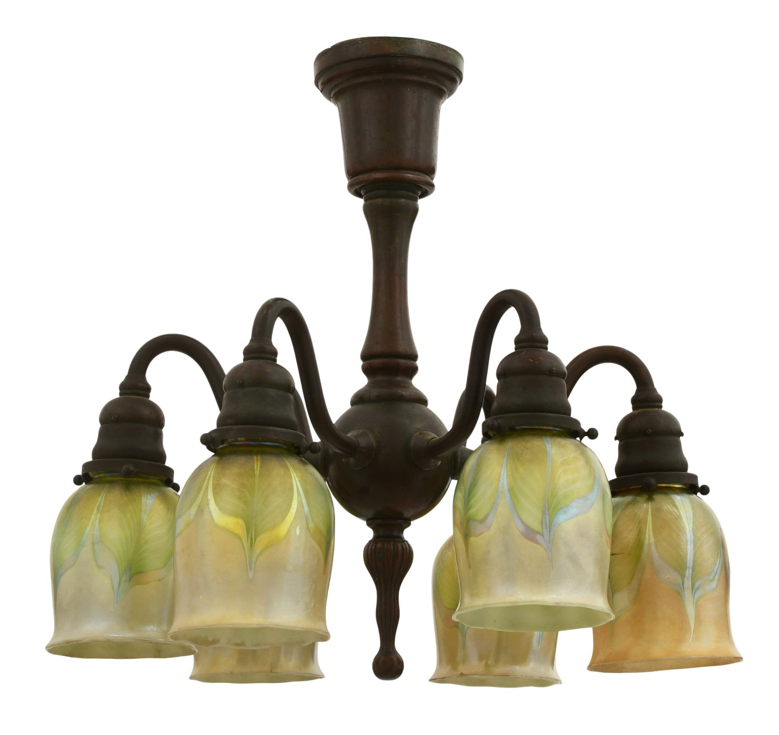 Tiffany Studios Six-Light "Tulip" Chandelier: Tiffany Studios Six-Light "Tulip" Chandelier circa 1910 with "Pulled Feather" shades favrile glass, patinated bronze each shade engraved "L.C.T." 16 1/2 x 17 1/2 inches Provenance: Property from an