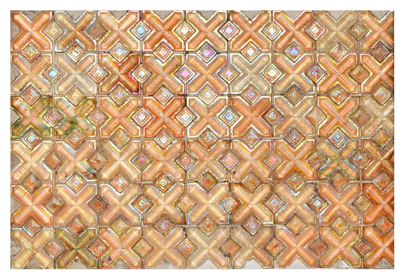 Tiffany Studios Favrile Glass Sample Panel: Tiffany Studios Sample Panel circa 1905 favrile glass 17 1/2 x 22 1/2 inches (frame) The sample panel comprised of a unique application of Favrile glass jewels in an interlocking pattern to create a
