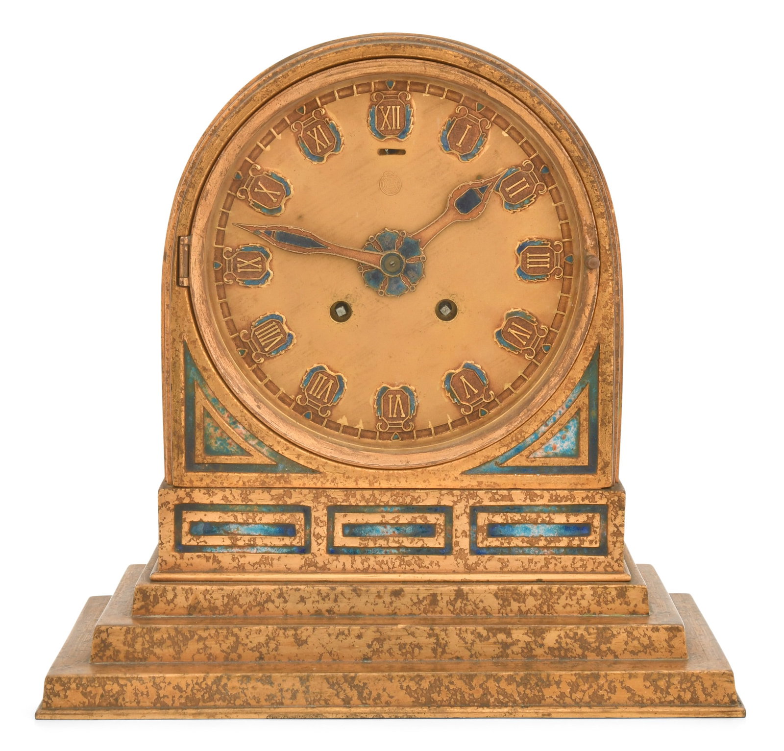 Tiffany Studios "Art Deco" Clock: Tiffany Studios "Art Deco" Clock early 20th century gilt bronze, enamel dial signed with monogram base impressed "Louis C. Tiffany Furnaces, Inc. / Favrile / 650A / (monogram)" 10 1/4 x 10 1/2 x 5
