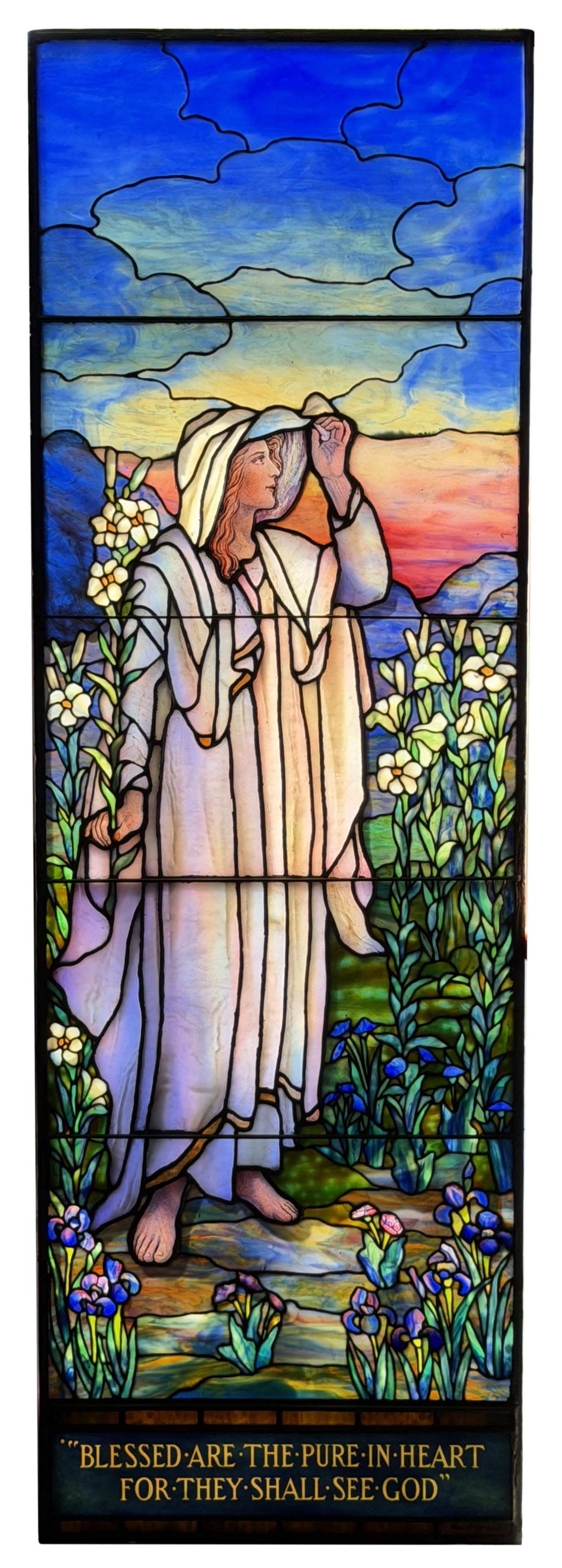 Tiffany Studios "Woman with Irises & Lilies" Window, Forest Hill Abbey, Forest Hill & Calvary: Tiffany Studios "Woman with Irises & Lilies" Window, Forest Hill Abbey, Forest Hill & Calvary Cemetery, Kansas City, Missouri circa 1920 leaded glass, ripple glass, mottled glass, plated glass signed