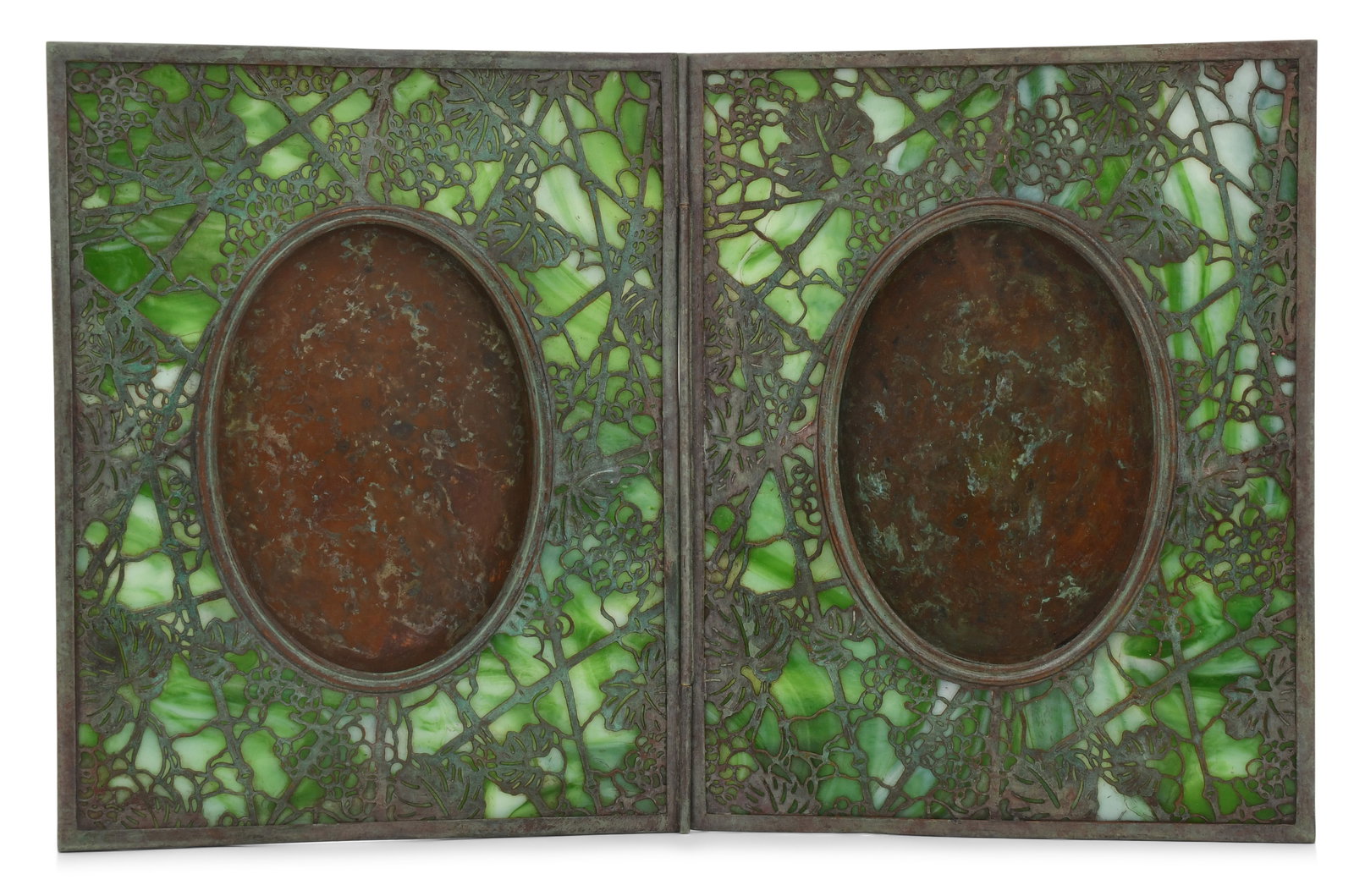 Tiffany Studios "Grapevine" Double Picture Frame: Tiffany Studios "Grapevine" Double Picture Frame circa 1910 patinated bronze, glass impressed twice "Tiffany Studios, New York" 9 3/4 x 15 1/2 inches Provenance: Property from a Northeast Collector