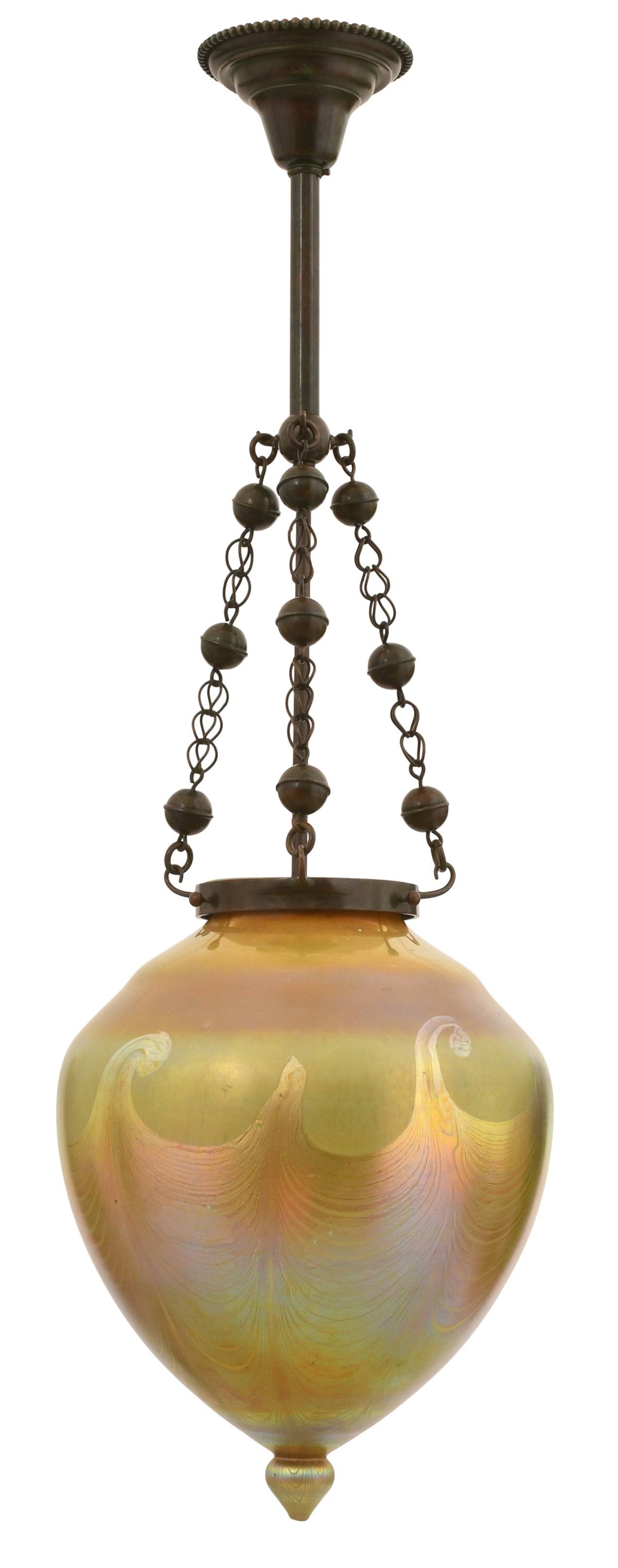 Tiffany Studios, A Large "Stalactite" Ceiling Light: Tiffany Studios A Large "Stalactite" Ceiling Light circa 1905 favrile glass, patinated bronze shade engraved "S211" 34 1/2 x 11 inches Provenance: Important Private Collection Other Notes: Fontaine