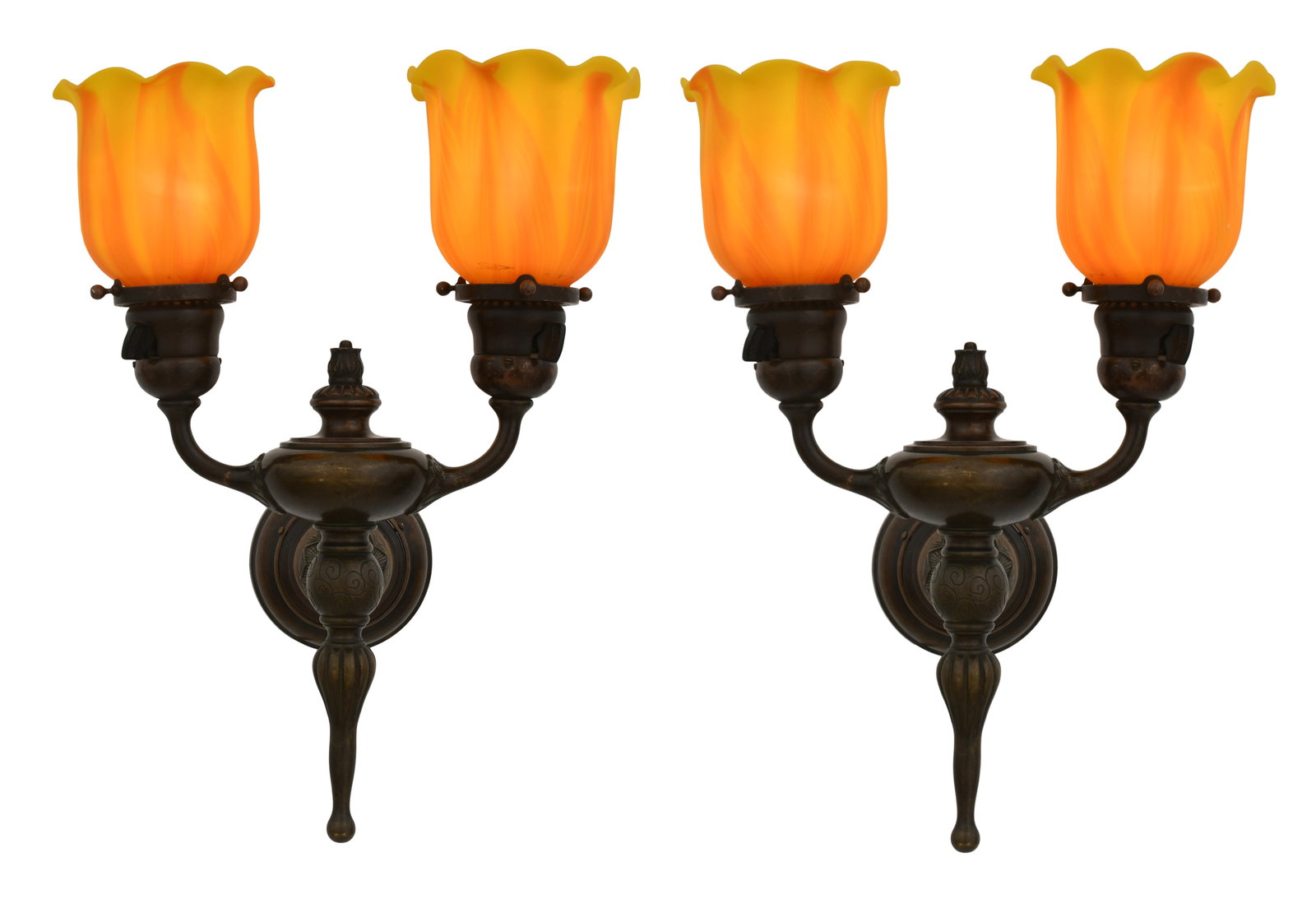 Tiffany Studios, A Rare Pair of Two-Light "Tulip" Sconces (1 of 1)