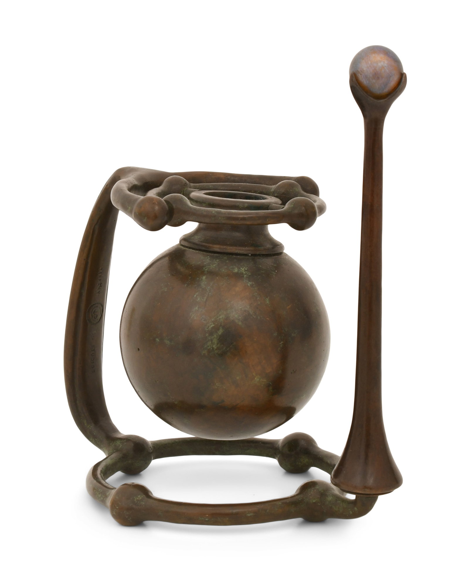 Tiffany Studios, A Rare "Universal Swing" Gimbal Candlestick: Tiffany Studios A Rare "Universal Swing" Gimbal Candlestick circa 1900 the snuffer with Favrile glass ball patinated bronze, favrile glass impressed "Tiffany Studios" and with monogram 7 1/4 x 4 3/4