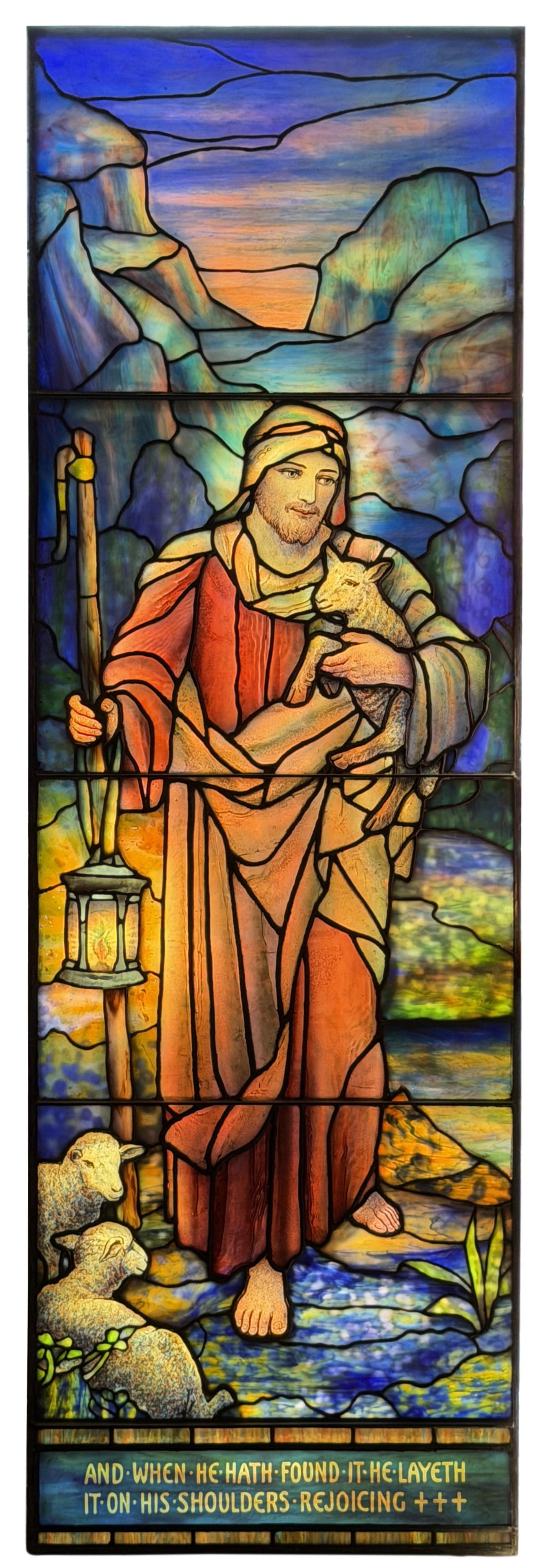Tiffany Studios "The Good Shepherd" Window, Forest Hill Abbey, Forest Hill & Calvary Cemetery,: Tiffany Studios "The Good Shepherd" Window, Forest Hill Abbey, Forest Hill & Calvary Cemetery, Kansas City, Missouri circa 1920 leaded glass, ripple glass, mottled glass, plated glass 72 x 24 inches