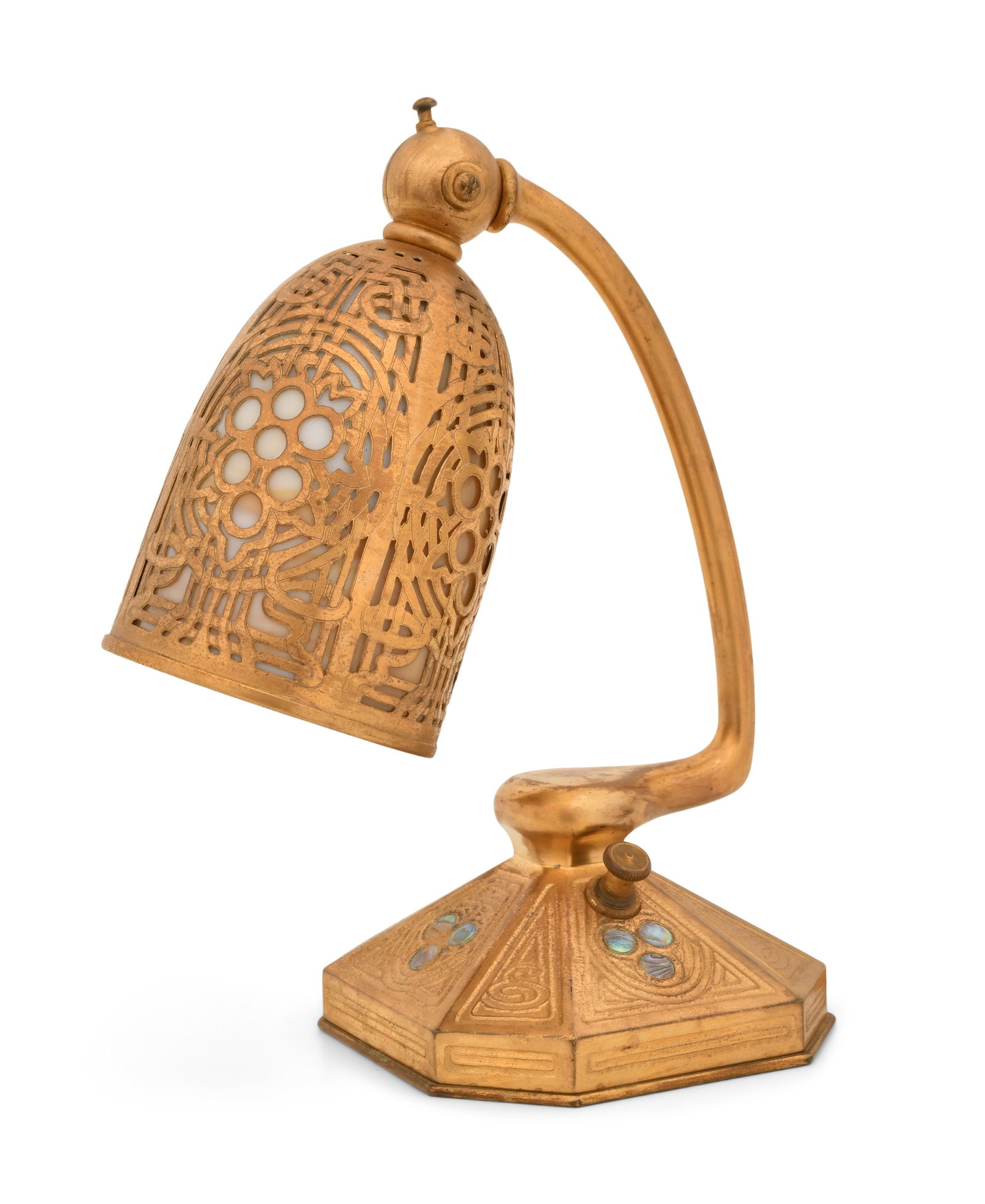 Tiffany Studios "Abalone" Desk Lamp: Tiffany Studios "Abalone" Desk Lamp circa 1915 gilt bronze, abalone inlay, glass impressed "Tiffany Studios, New York, 556" 8 1/2 x 6 1/2 x 4 1/4 inches Provenance: Property from an Important