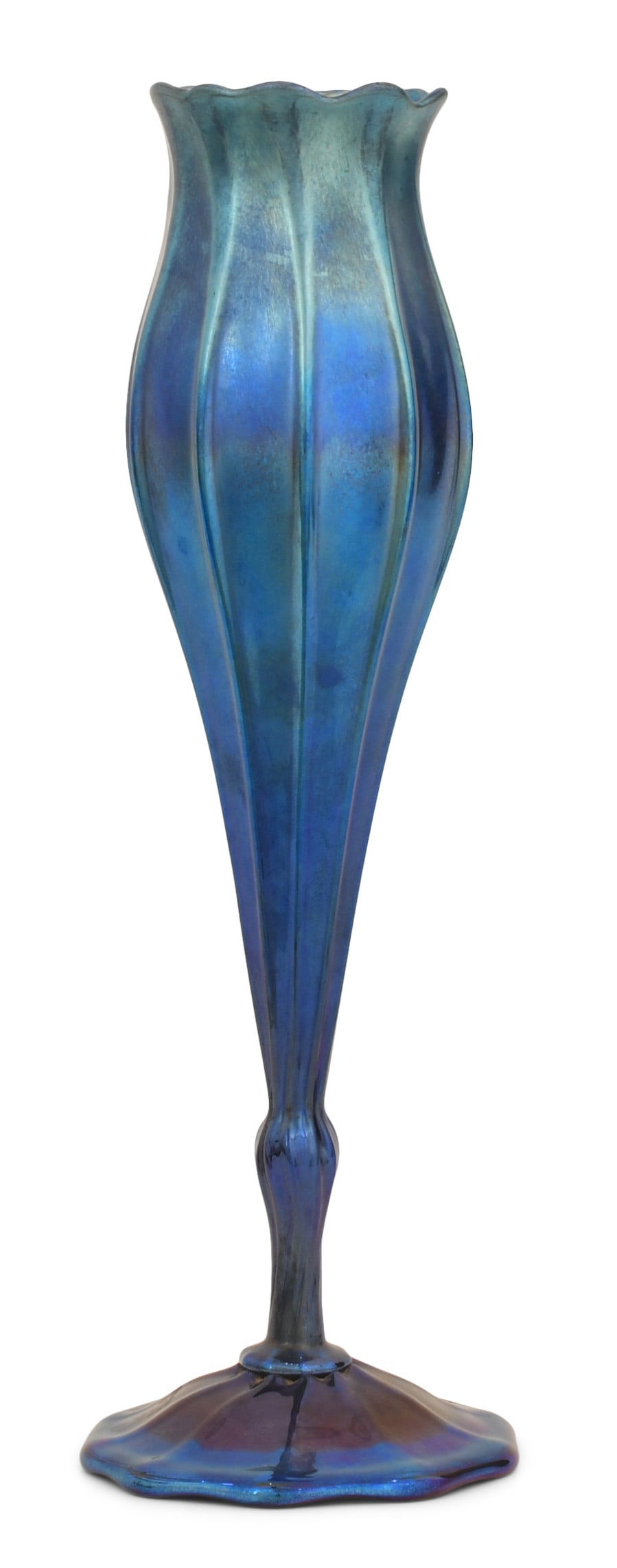 Tiffany Studios, A Large Flower-Form Blue Favrile Glass Vase: Tiffany Studios A Large Flower-Form Vase circa 1910 blue favrile glass engraved "L.C. Tiffany - Favrile, 7848H" 15 1/4 x 5 inches Provenance: Private Collection, California, Acquired Prior to the