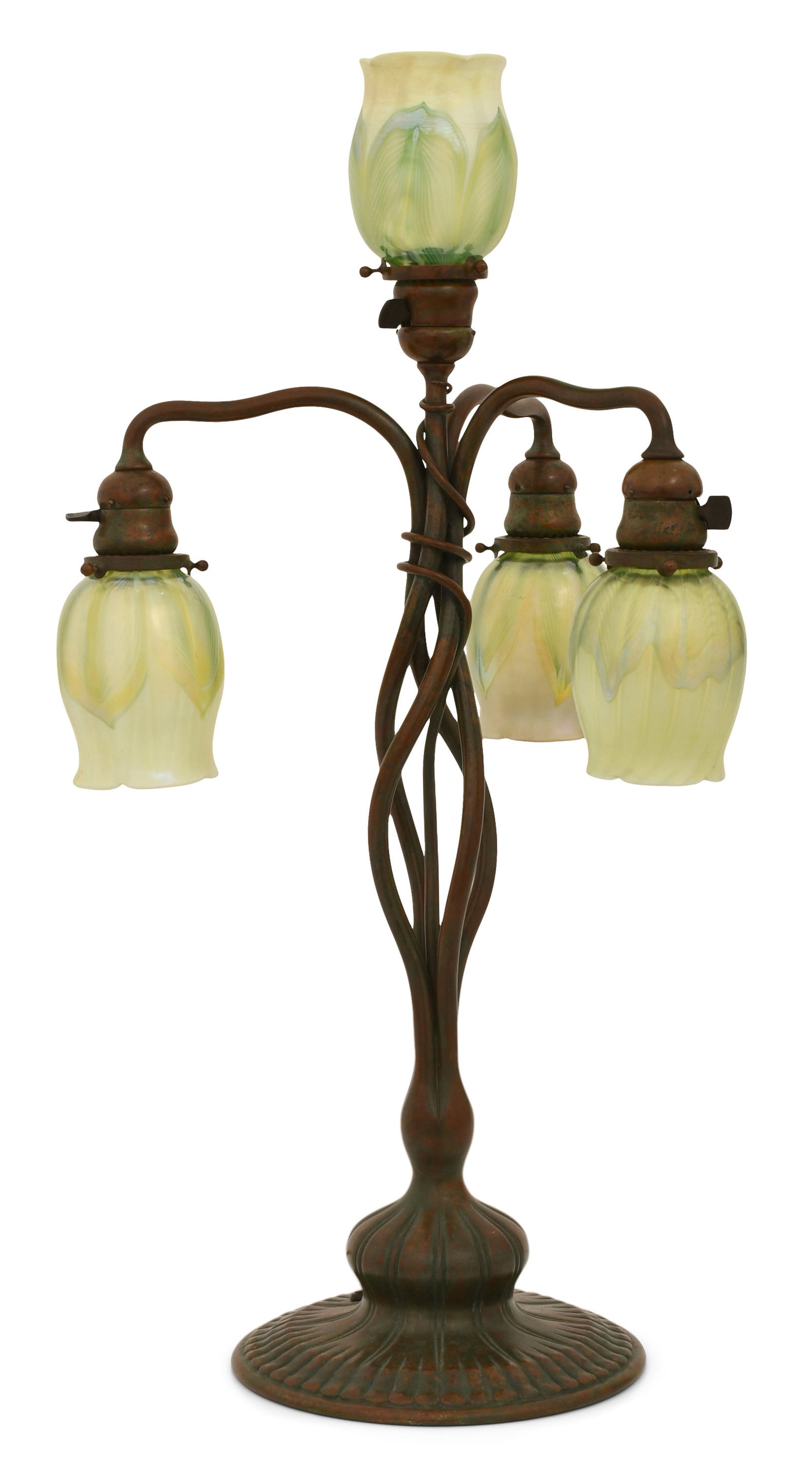 Tiffany Studios Four-Light "Tulip" Table Lamp: Tiffany Studios Four-Light "Tulip" Table Lamp circa 1910 favrile glass, patinated bronze each shade engraved "L.C.T." base impressed "Tiffany Studios, New York, 314" 29 1/2 x 14 1/2 inches Provenan