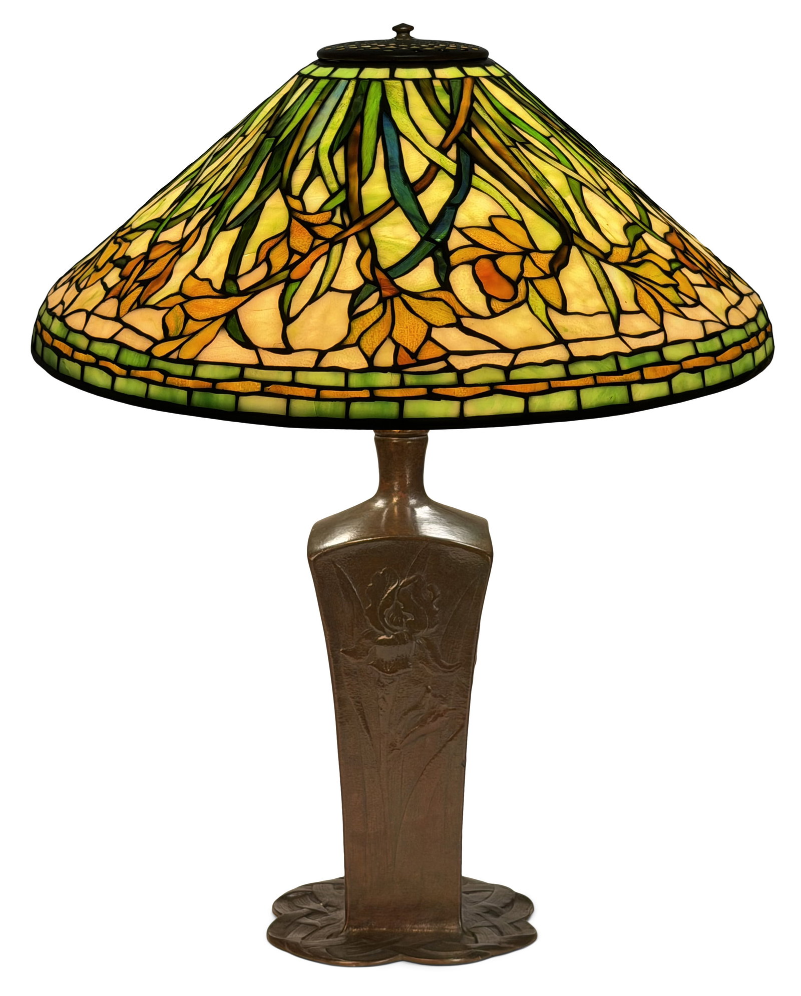 Tiffany Studios "Daffodil" Table Lamp: Tiffany Studios "Daffodil" Table Lamp circa 1910 with an "Iris" base leaded glass, patinated bronze shade impressed "Tiffany Studios, New York, 1497" base impressed "Tiffany Studios, New York, 669"