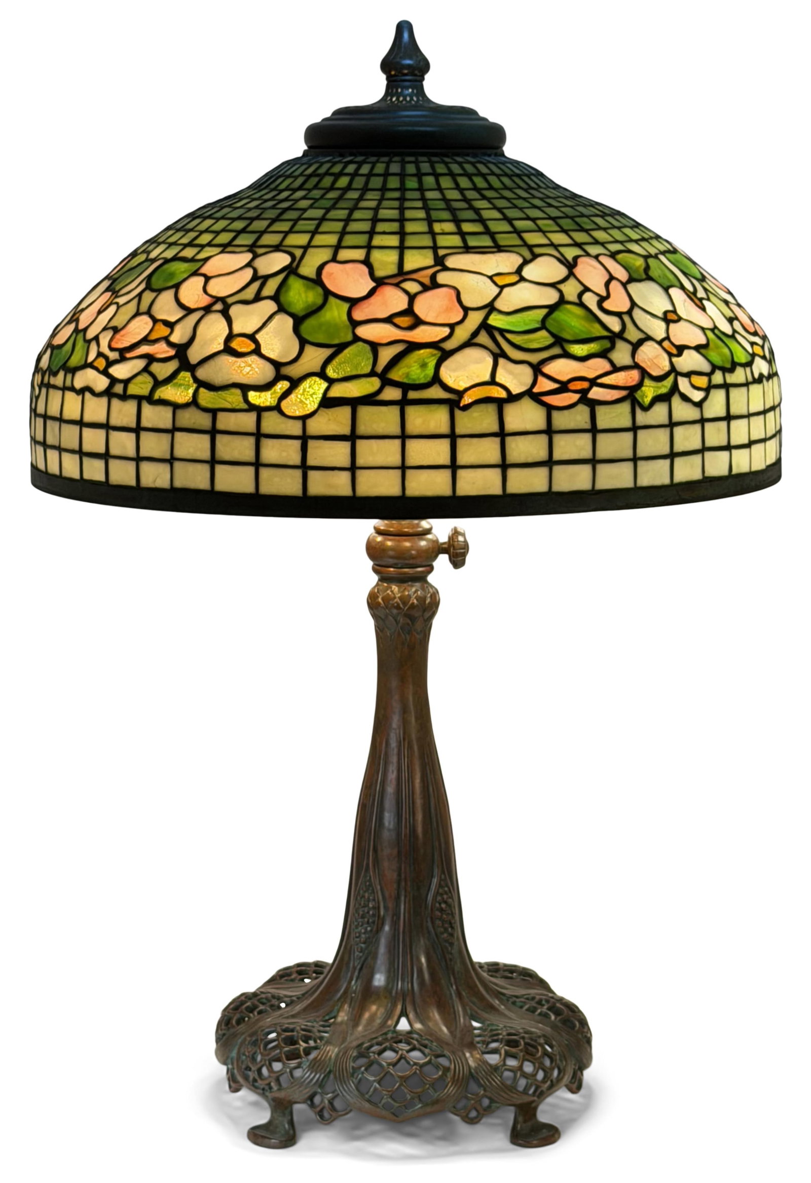 Tiffany Studios "Dogwood" Table Lamp Shade: Tiffany Studios "Dogwood" Table Lamp Shade circa 1910 with a reproduction base leaded glass, patinated bronze shade impressed "Tiffany Studios, New York, 1491" 29 in. high, 20 1/2 in. diameter