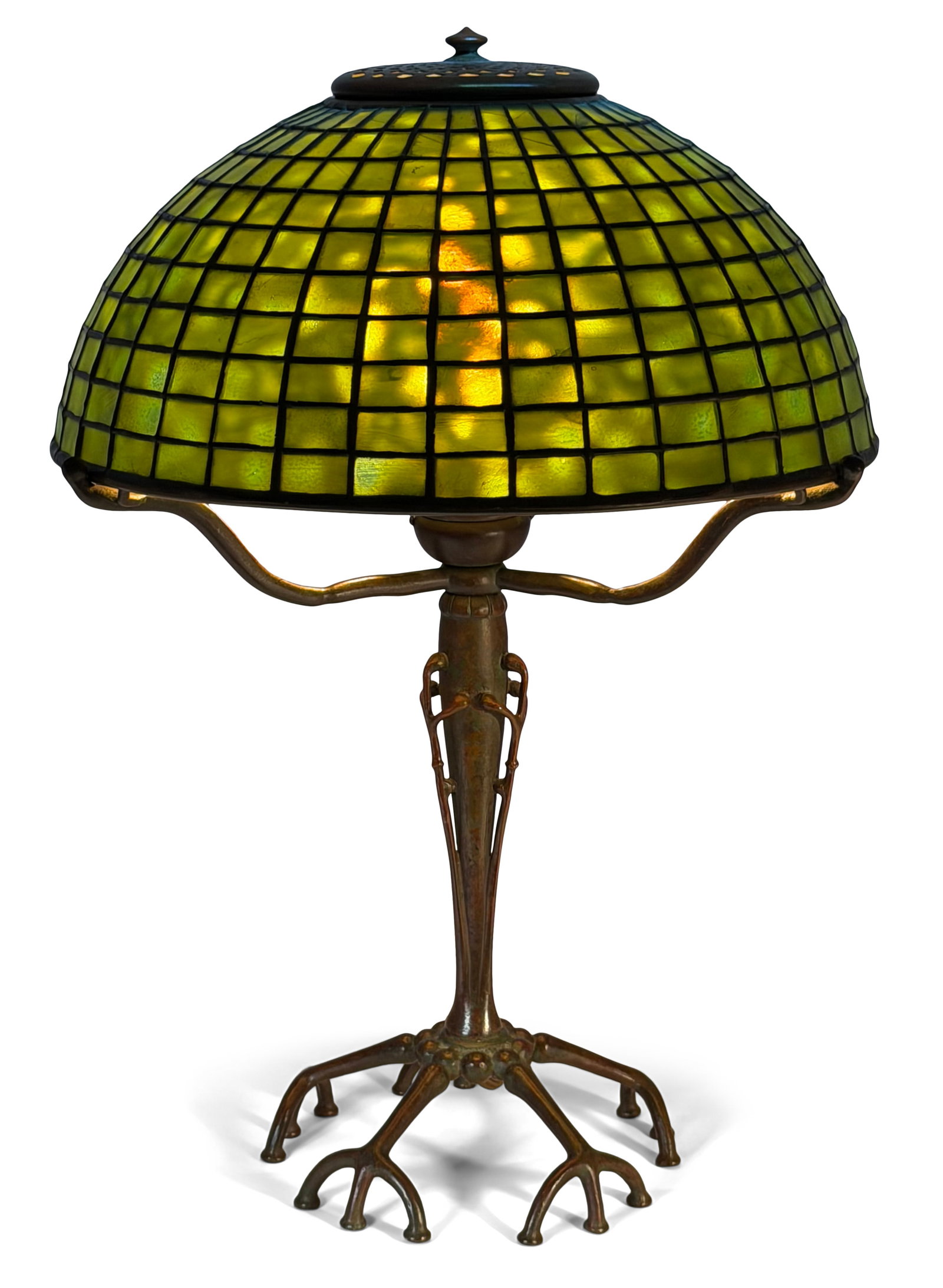 Tiffany Studios "Geometric" Table Lamp with a Rare "Root" Base: Tiffany Studios "Geometric" Table Lamp circa 1910 with a rare "Root" base leaded glass, patinated bronze shade impressed "Tiffany Studios, New York, 1411" base impressed "Tiffany Studios, New York, 43