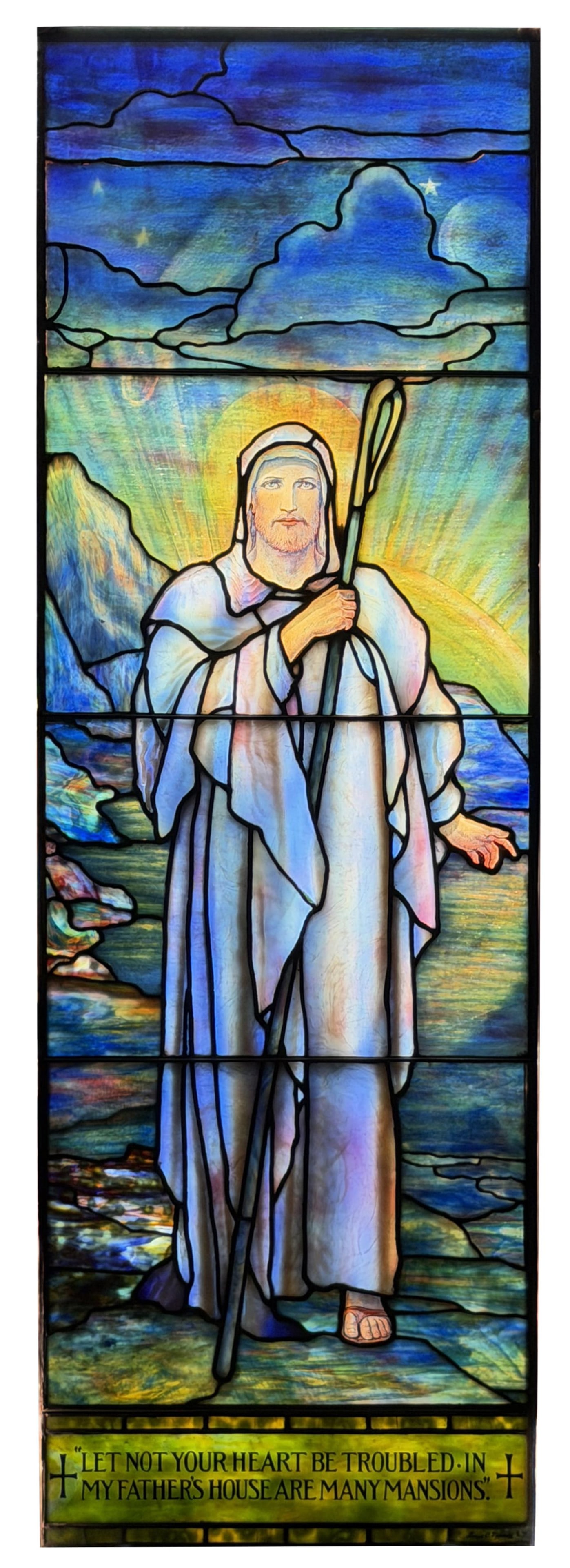 Tiffany Studios "The Good Shepherd" Window, Forest Hill Abbey, Forest Hill & Calvary Cemetery,: Tiffany Studios "The Good Shepherd" Window, Forest Hill Abbey, Forest Hill & Calvary Cemetery, Kansas City, Missouri circa 1920 leaded glass, ripple glass, mottled glass, plated glass signed "Louis